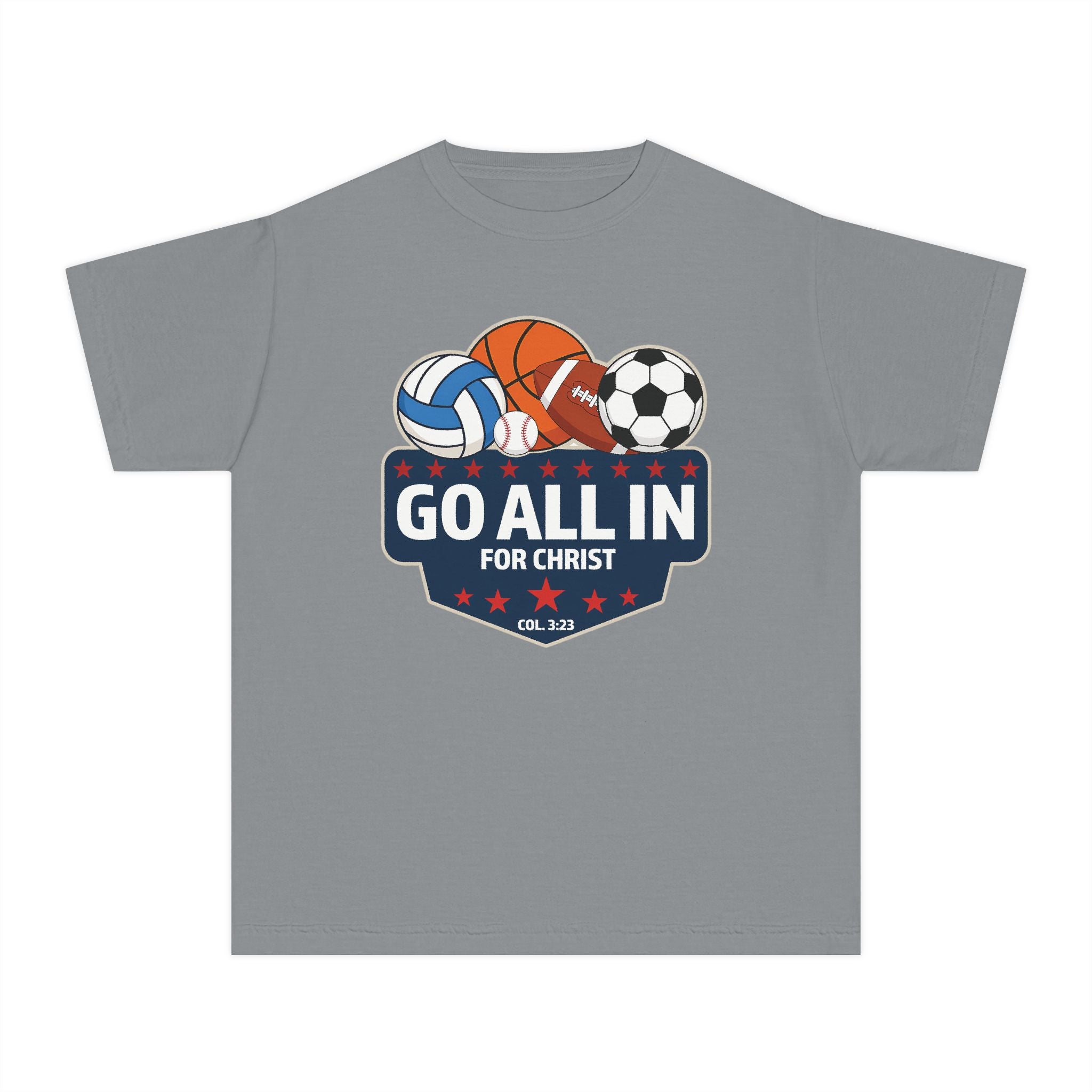 Go All In for Christ Youth T-Shirt, Christian Sports Shirt, Colossians 3:23 Shirt, Youth Athlete Shirt, Faith Sports Tee, Unisex Faith Shirt