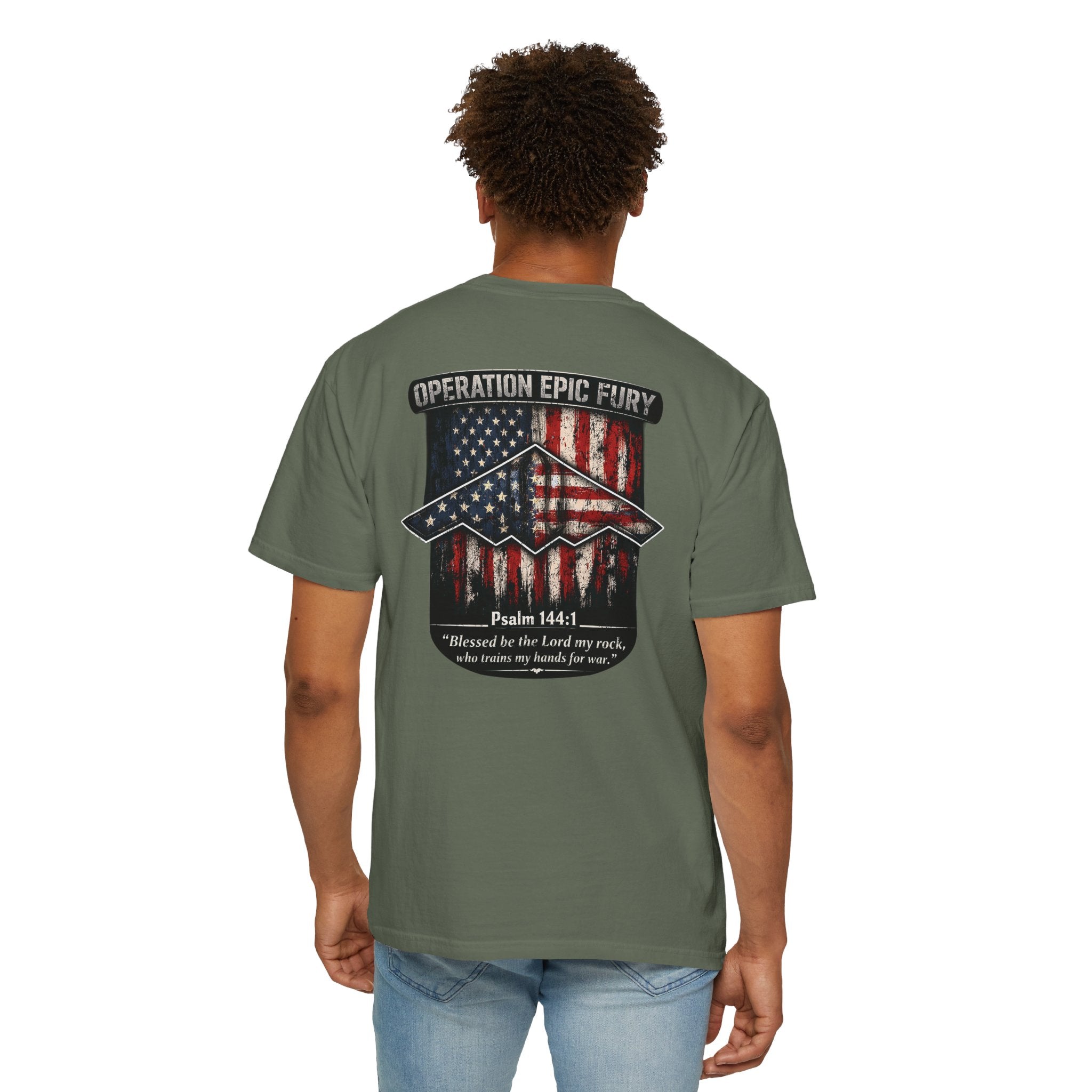 Operation Epic Fury Christian Shirt, Psalm 144:1 Patriotic Tee, Faith and Freedom Shirt, American Flag Bomber Shirt, Redeemed Faith Apparel