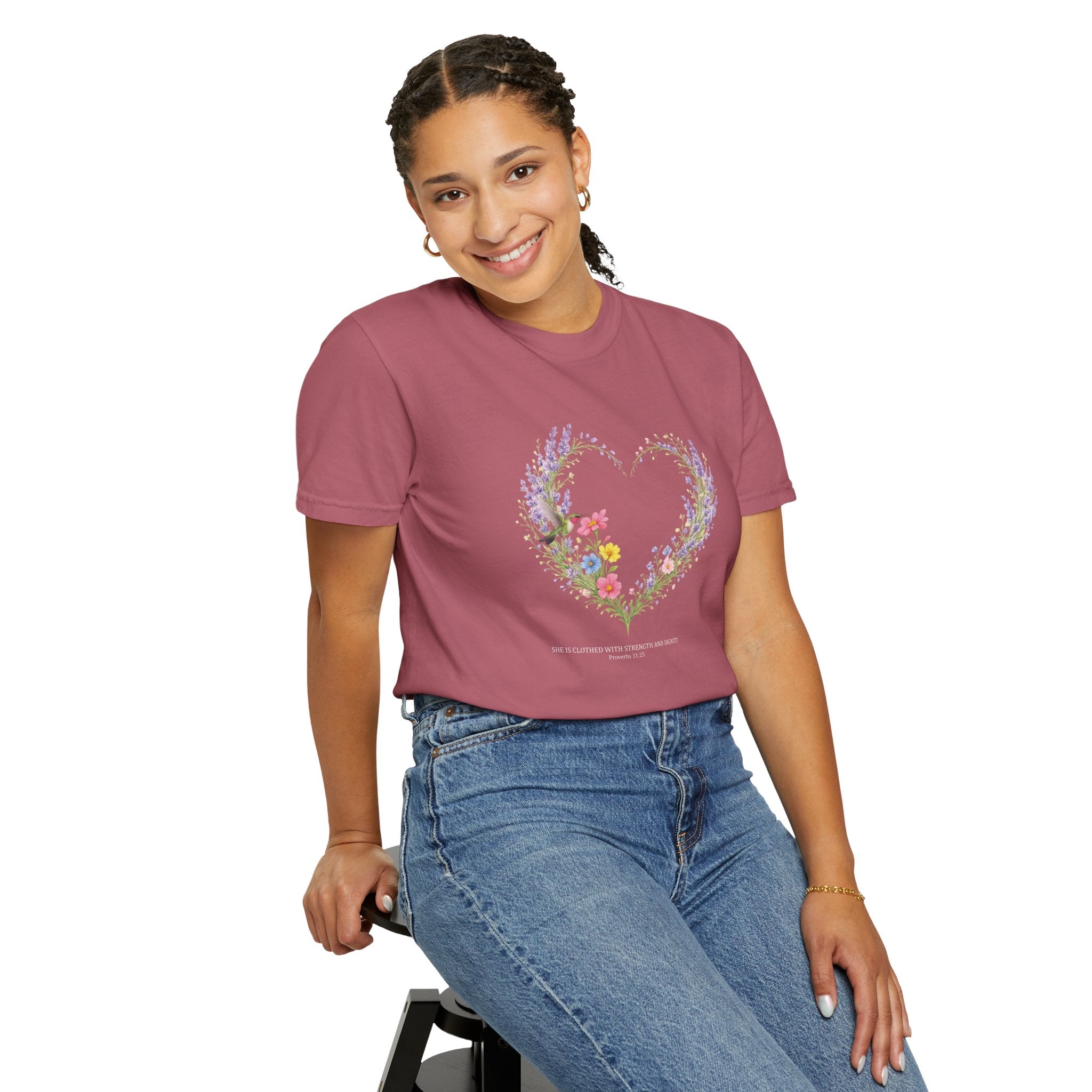 She Is Clothed With Strength And Dignity Floral Tee, Proverbs 31:25 Shirt, Christian Women Gift, Wildflower Heart, Redeemed Faith Apparel