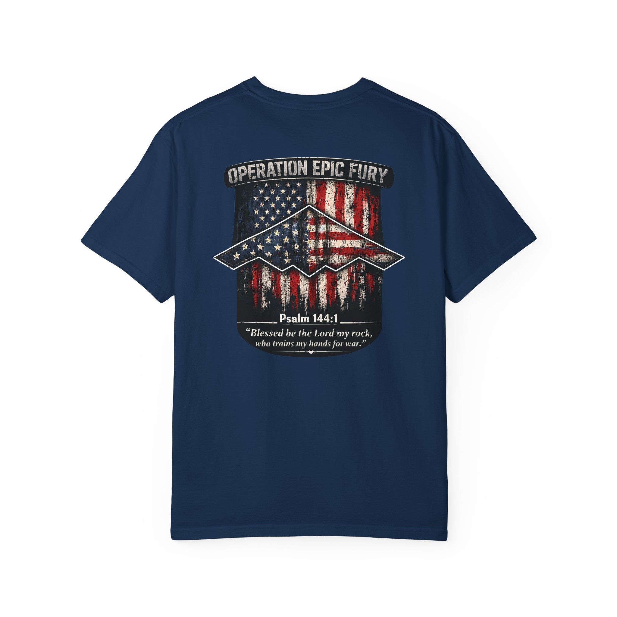 Operation Epic Fury Christian Shirt, Psalm 144:1 Patriotic Tee, Faith and Freedom Shirt, American Flag Bomber Shirt, Redeemed Faith Apparel