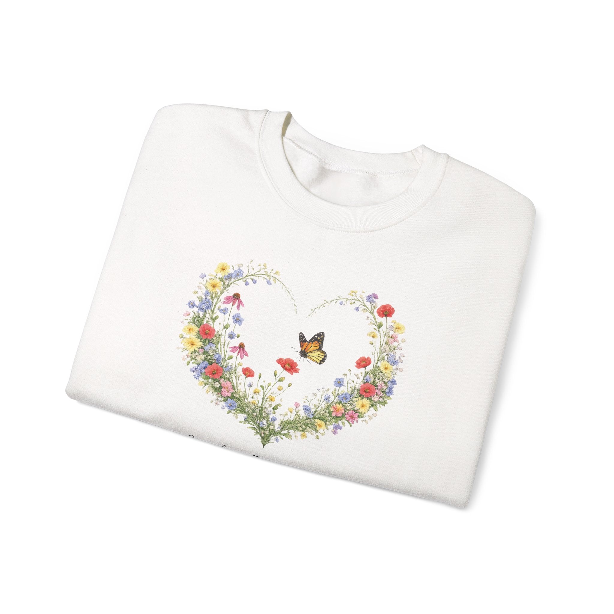 Floral Heart Wreath with Butterfly Crewneck Sweatshirt | Inspirational Scripture Quote