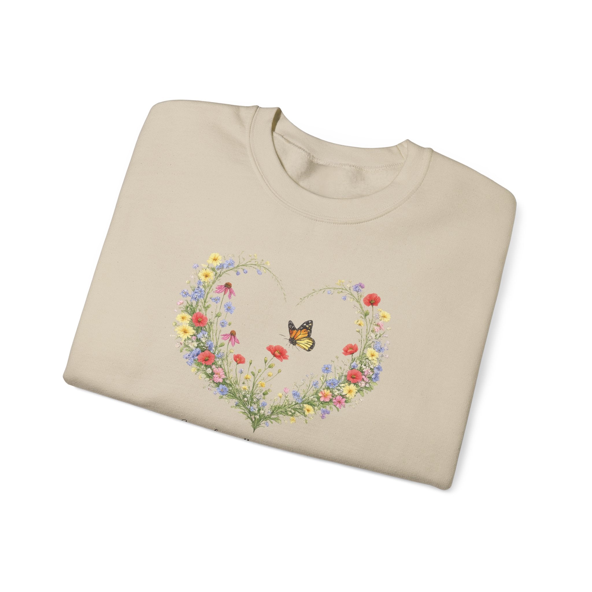 Floral Heart Wreath with Butterfly Crewneck Sweatshirt | Inspirational Scripture Quote