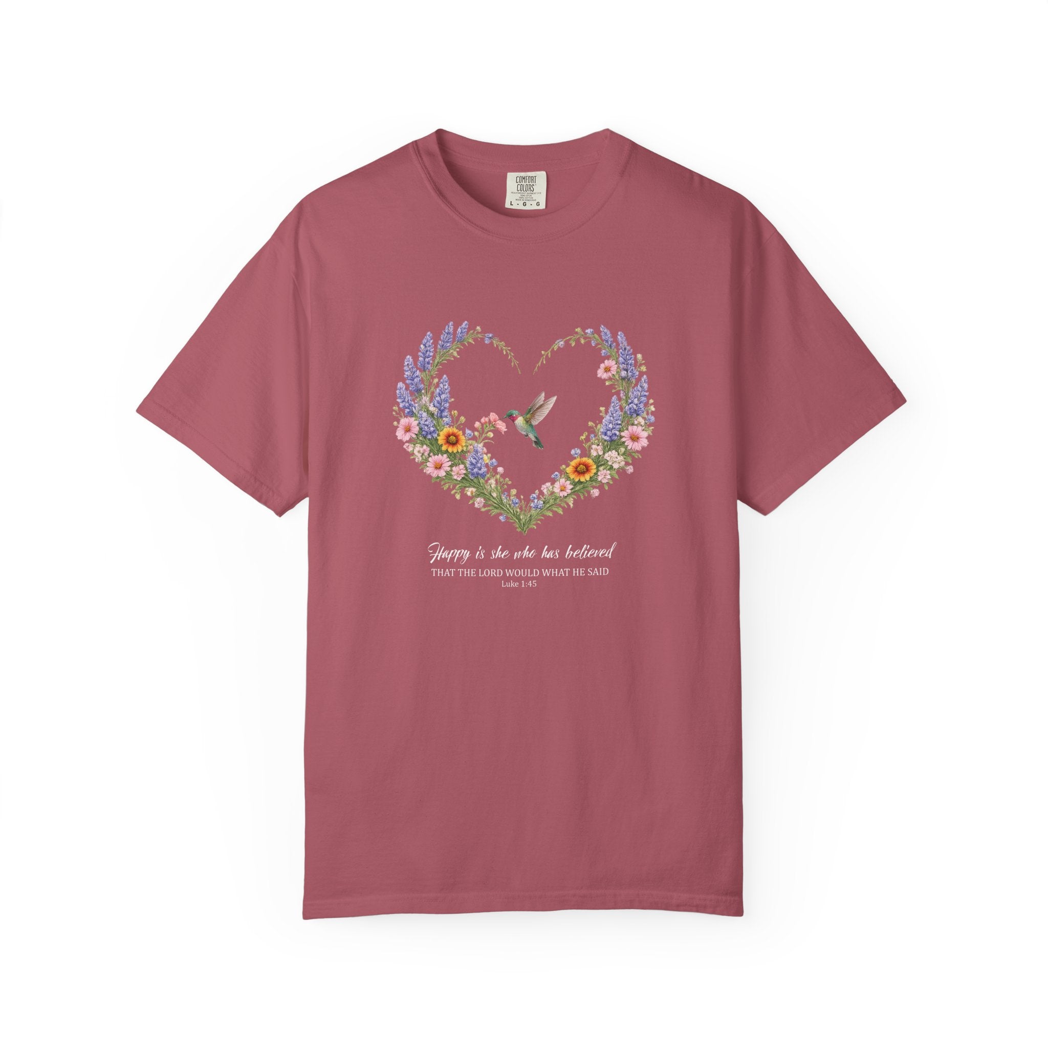 Happy Is She Who Has Believed Floral Tee, Luke 1:45 Shirt, Faith Shirt, Christian Women Gift, Wildflower Heart, Redeemed Faith Apparel