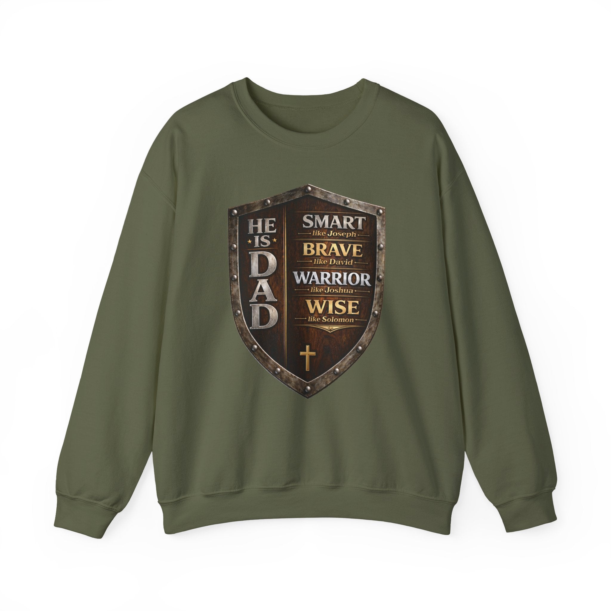 Christian Dad Shield Swestshirt, Smart Brave Warrior Wise Father, Man of God Dad Crewneck, Christian Father Gift, Redeemed Faith Apparel