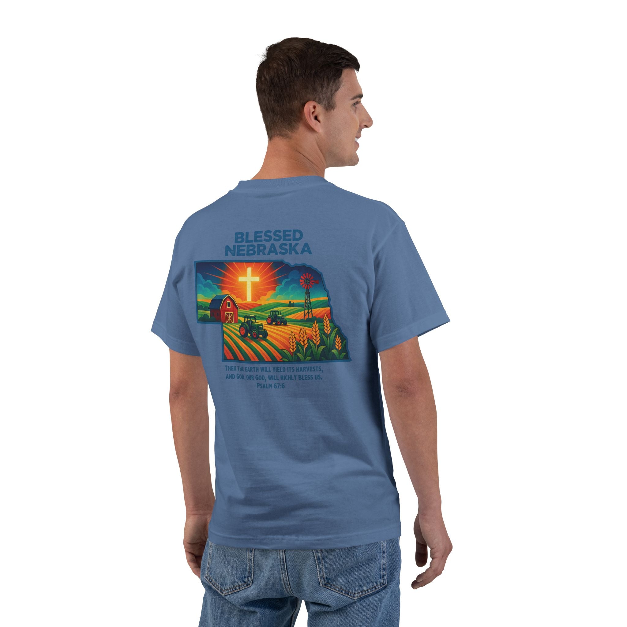 NB-Blessed Nebraska Christian Shirt, Psalm 67:6 Tee, Farm Cross Tractor Sunset T-shirt, Faith Midwest Apparel, God Bless America Collection