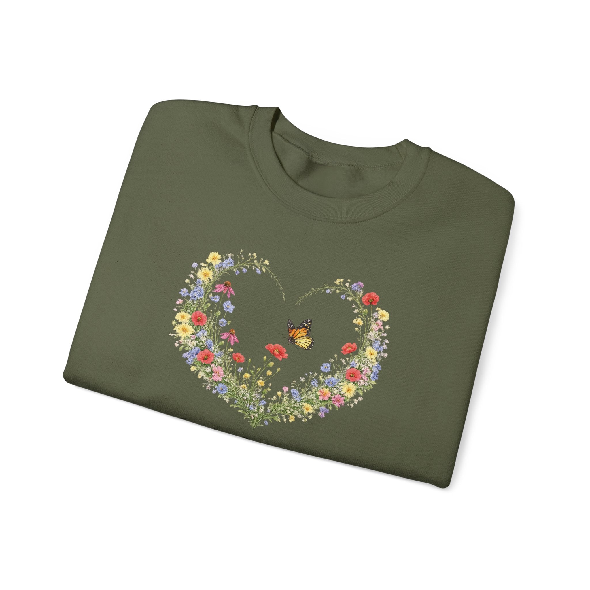Floral Heart Wreath with Butterfly Crewneck Sweatshirt | Inspirational Scripture Quote