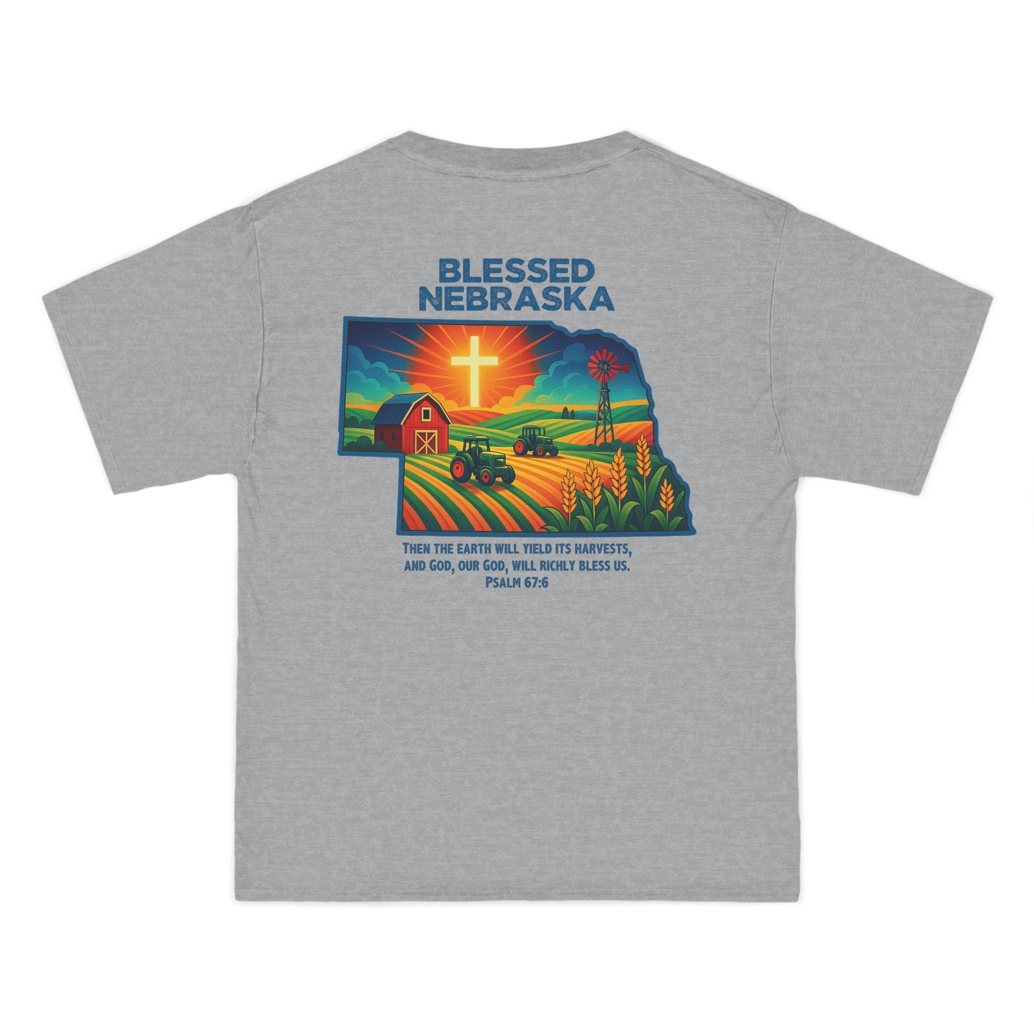 NB-Blessed Nebraska Christian Shirt, Psalm 67:6 Tee, Farm Cross Tractor Sunset T-shirt, Faith Midwest Apparel, God Bless America Collection
