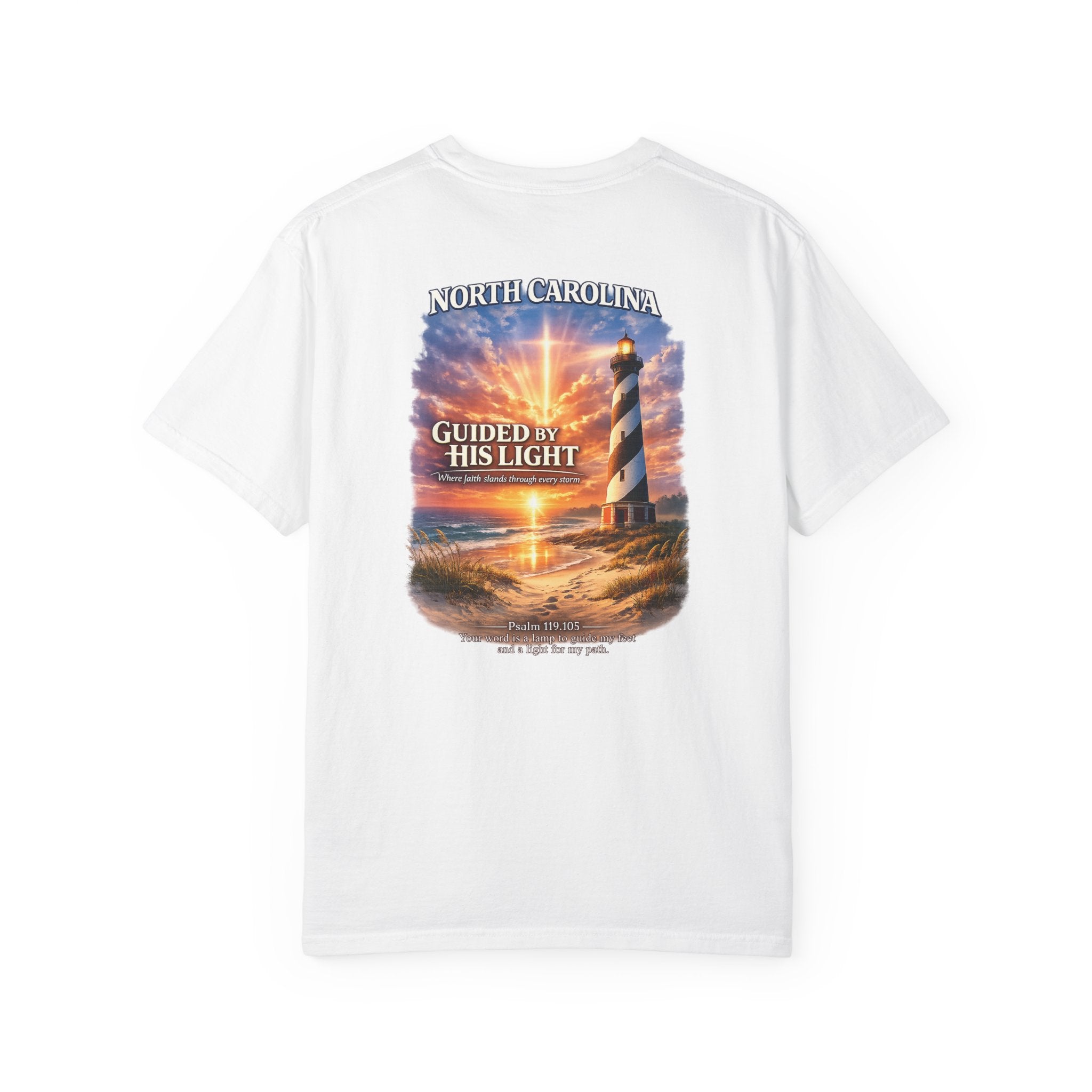NC-North Carolina Guided by His Light Christian T Shirt, Lighthouse Faith Tee, Psalm 119:105 Shirt, God Bless America Collection