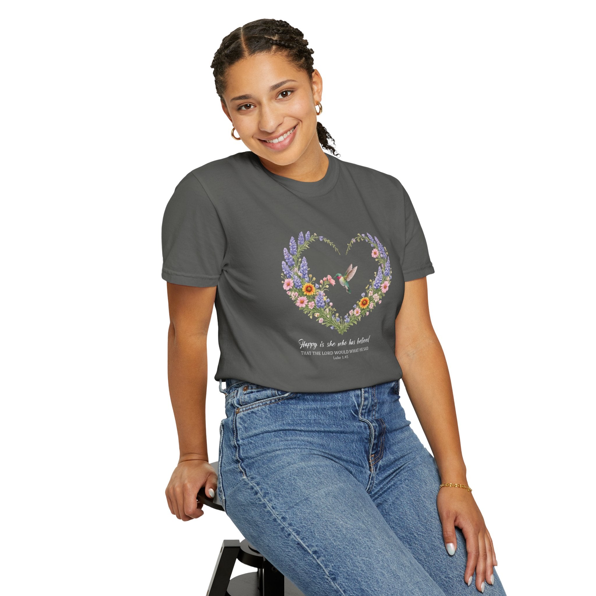 Happy Is She Who Has Believed Floral Tee, Luke 1:45 Shirt, Faith Shirt, Christian Women Gift, Wildflower Heart, Redeemed Faith Apparel