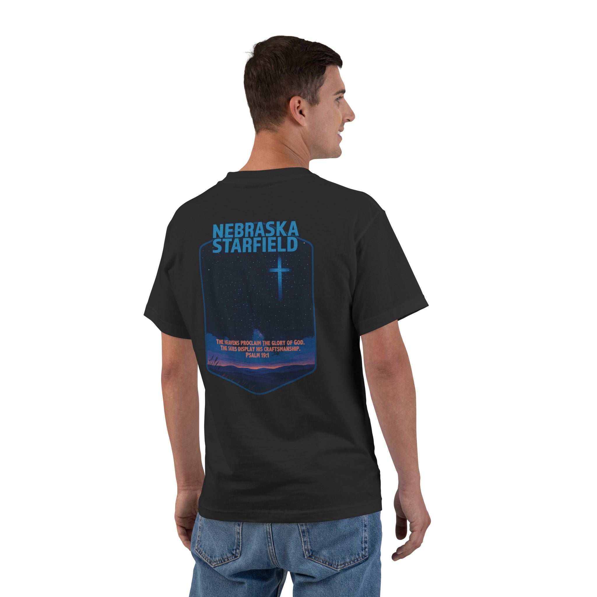 NB-Nebraska Starfield, Christian Shirt, Psalm 19:1, Night Sky, Milky Way T-Shirt, Faith Starlight Apparel, God Bless America Collection