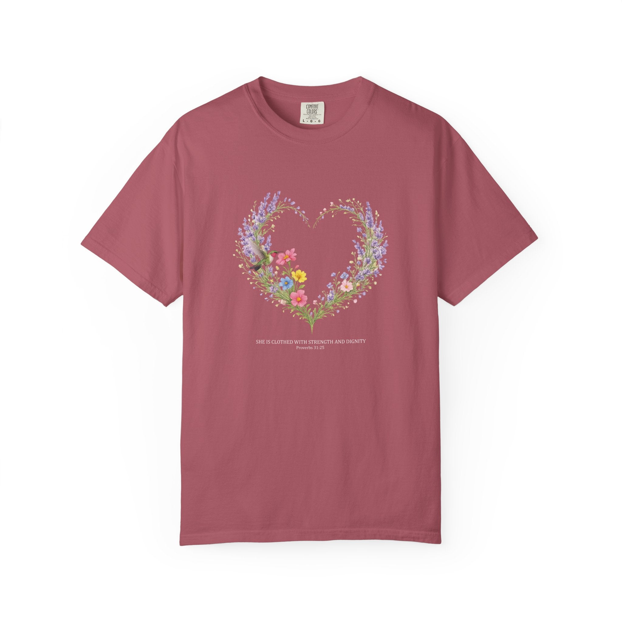 She Is Clothed With Strength And Dignity Floral Tee, Proverbs 31:25 Shirt, Christian Women Gift, Wildflower Heart, Redeemed Faith Apparel