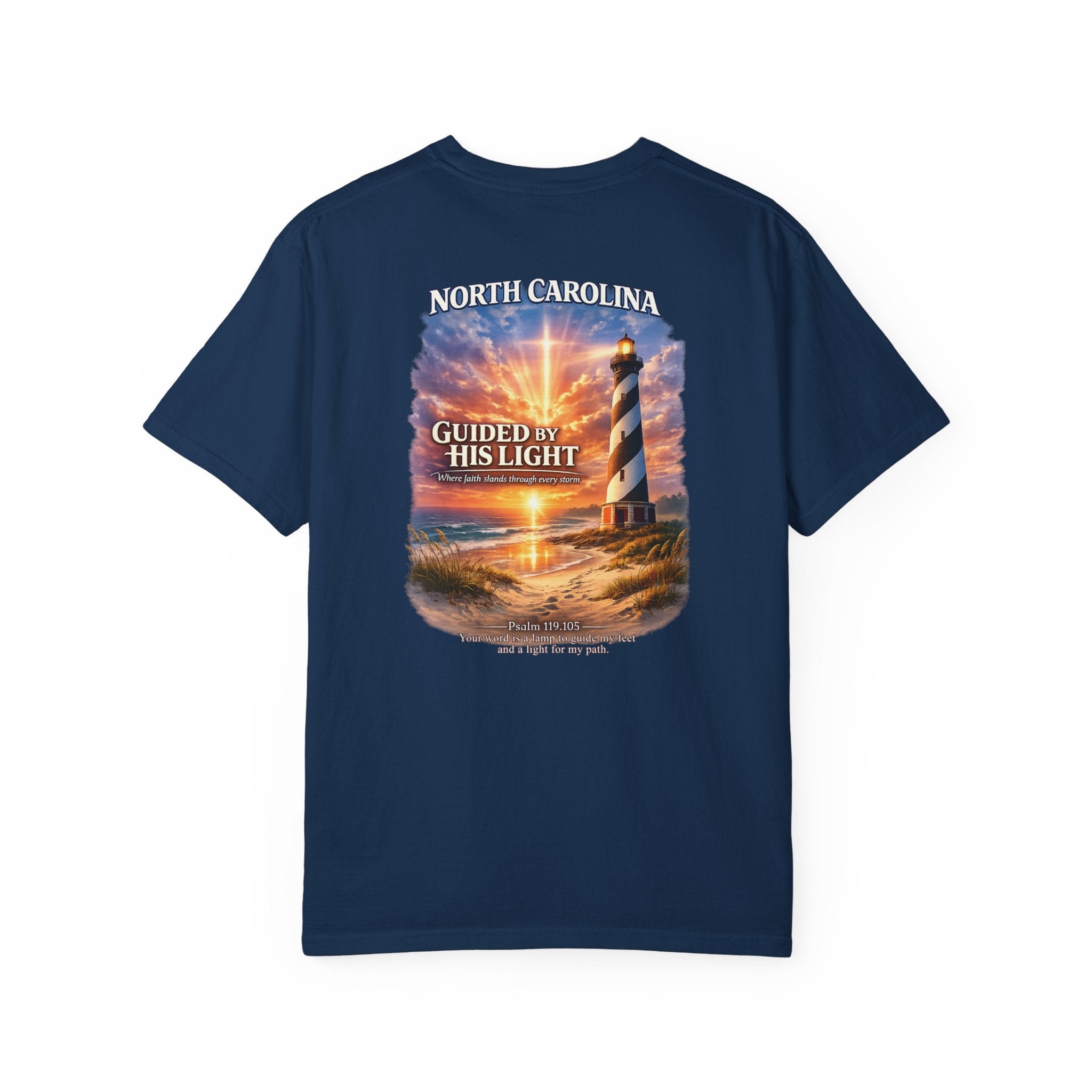 NC-North Carolina Guided by His Light Christian T Shirt, Lighthouse Faith Tee, Psalm 119:105 Shirt, God Bless America Collection