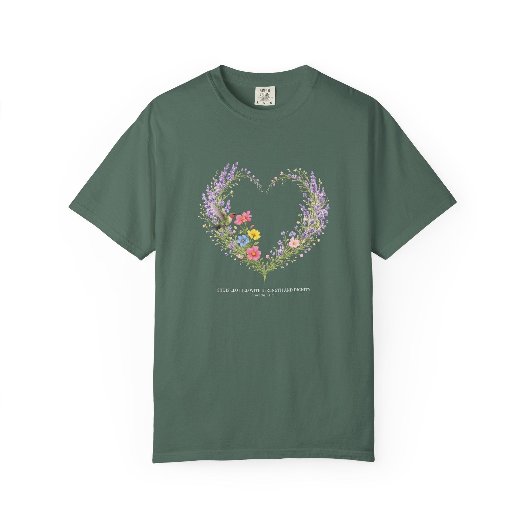 She Is Clothed With Strength And Dignity Floral Tee, Proverbs 31:25 Shirt, Christian Women Gift, Wildflower Heart, Redeemed Faith Apparel