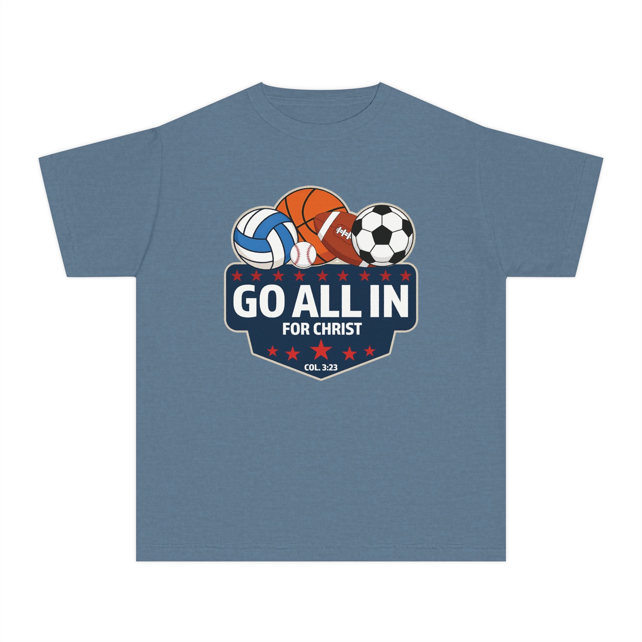 Go All In for Christ Youth T-Shirt, Christian Sports Shirt, Colossians 3:23 Shirt, Youth Athlete Shirt, Faith Sports Tee, Unisex Faith Shirt