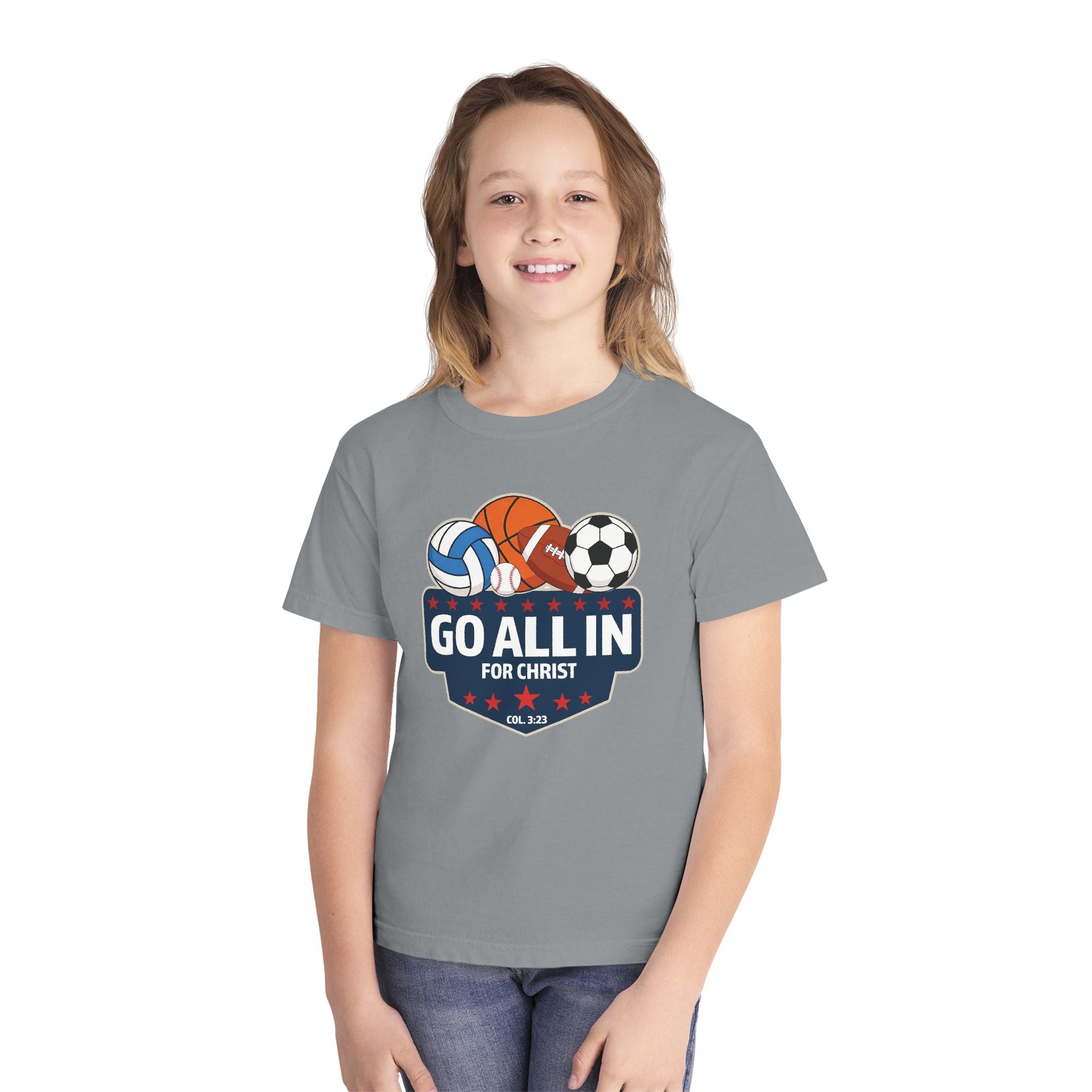 Go All In for Christ Youth T-Shirt, Christian Sports Shirt, Colossians 3:23 Shirt, Youth Athlete Shirt, Faith Sports Tee, Unisex Faith Shirt