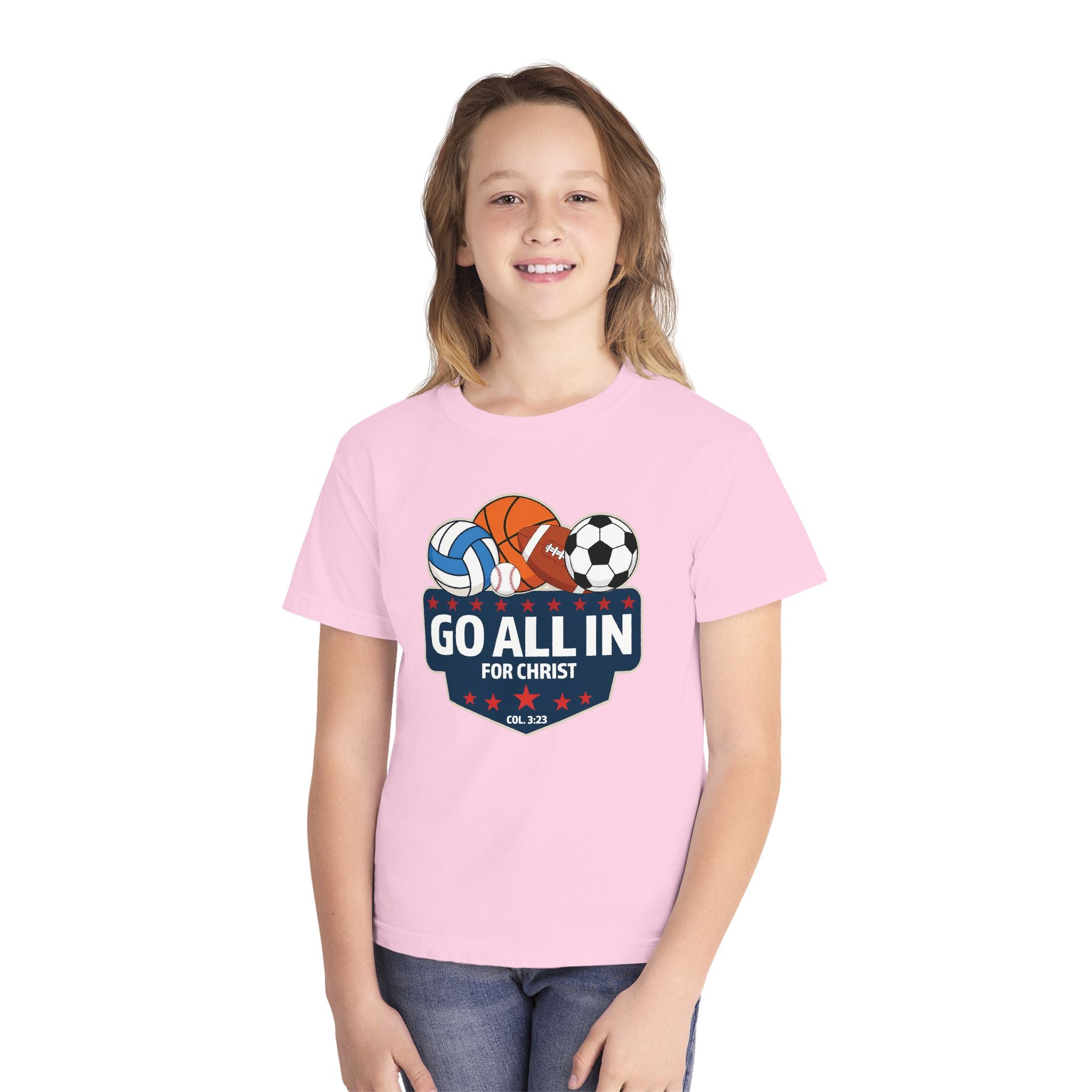 Go All In for Christ Youth T-Shirt, Christian Sports Shirt, Colossians 3:23 Shirt, Youth Athlete Shirt, Faith Sports Tee, Unisex Faith Shirt