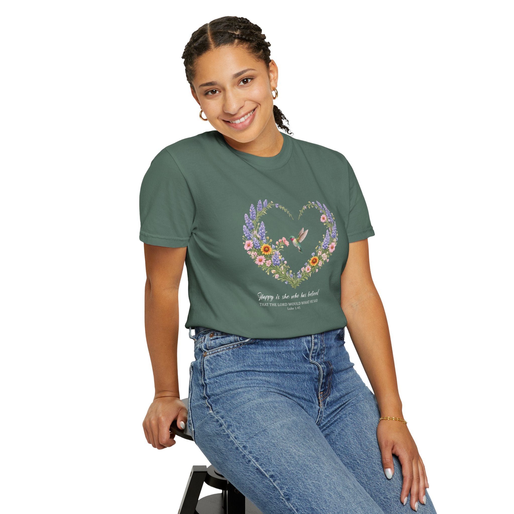 Happy Is She Who Has Believed Floral Tee, Luke 1:45 Shirt, Faith Shirt, Christian Women Gift, Wildflower Heart, Redeemed Faith Apparel