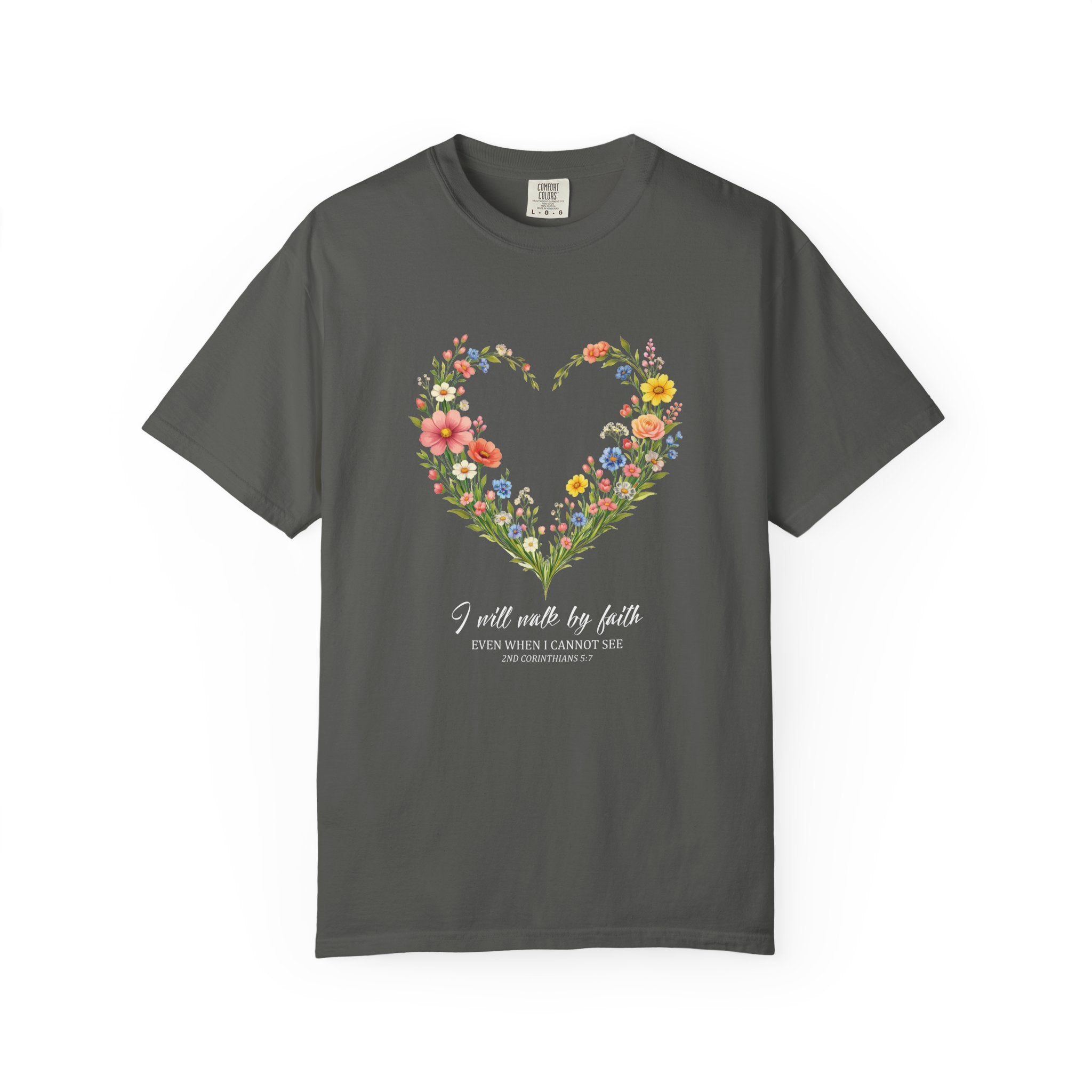I Will Walk By Faith Floral T Shirt, 2 Corinthians 5:7 Christian Shirt, Christian Women Gift, Wildflower Heart tee, Redeemed Faith Apparel