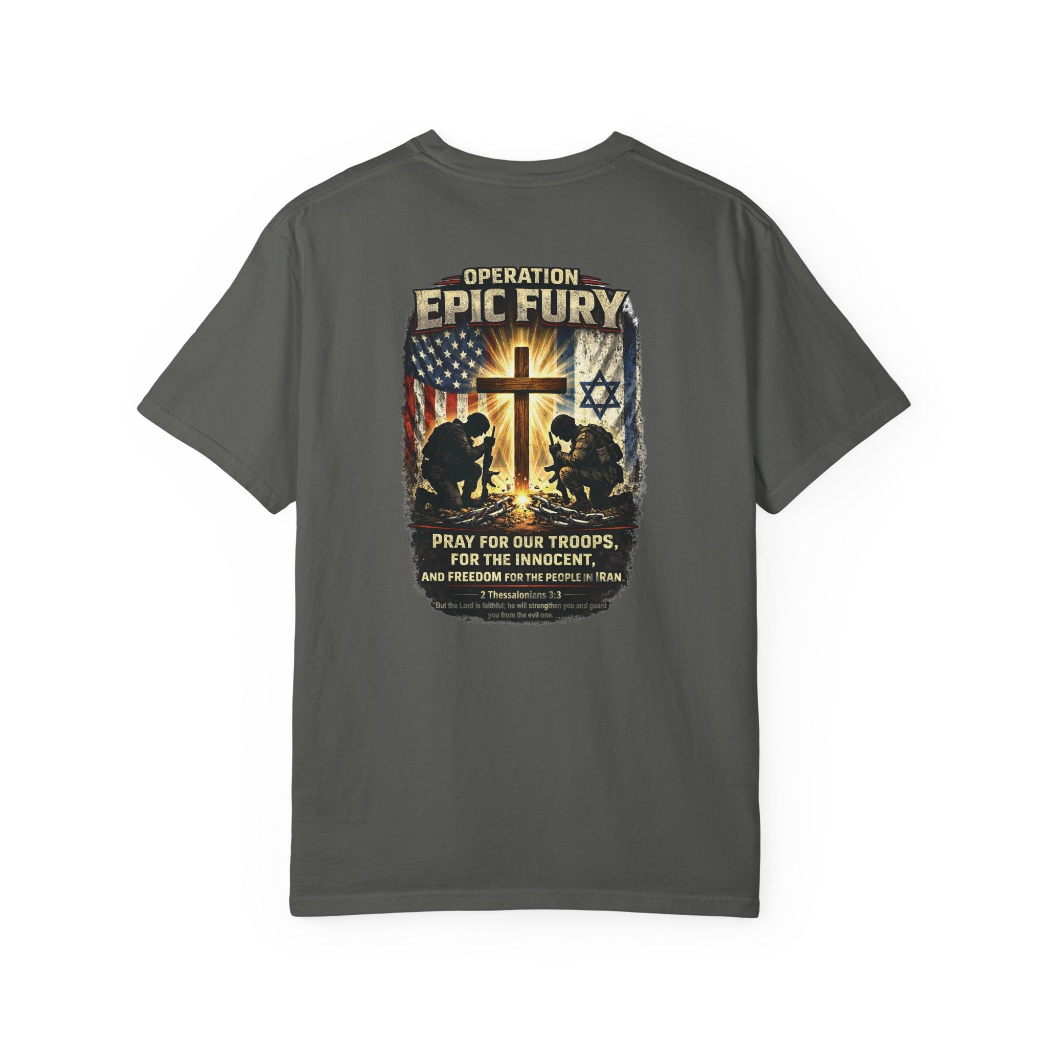 Operation Epic Fury Christian Shirt, Pray For Our Troops Shirt, 2 Thessalonians 3:3 Tee, Faith and Freedom Shirt, Redeemed Faith Apparel