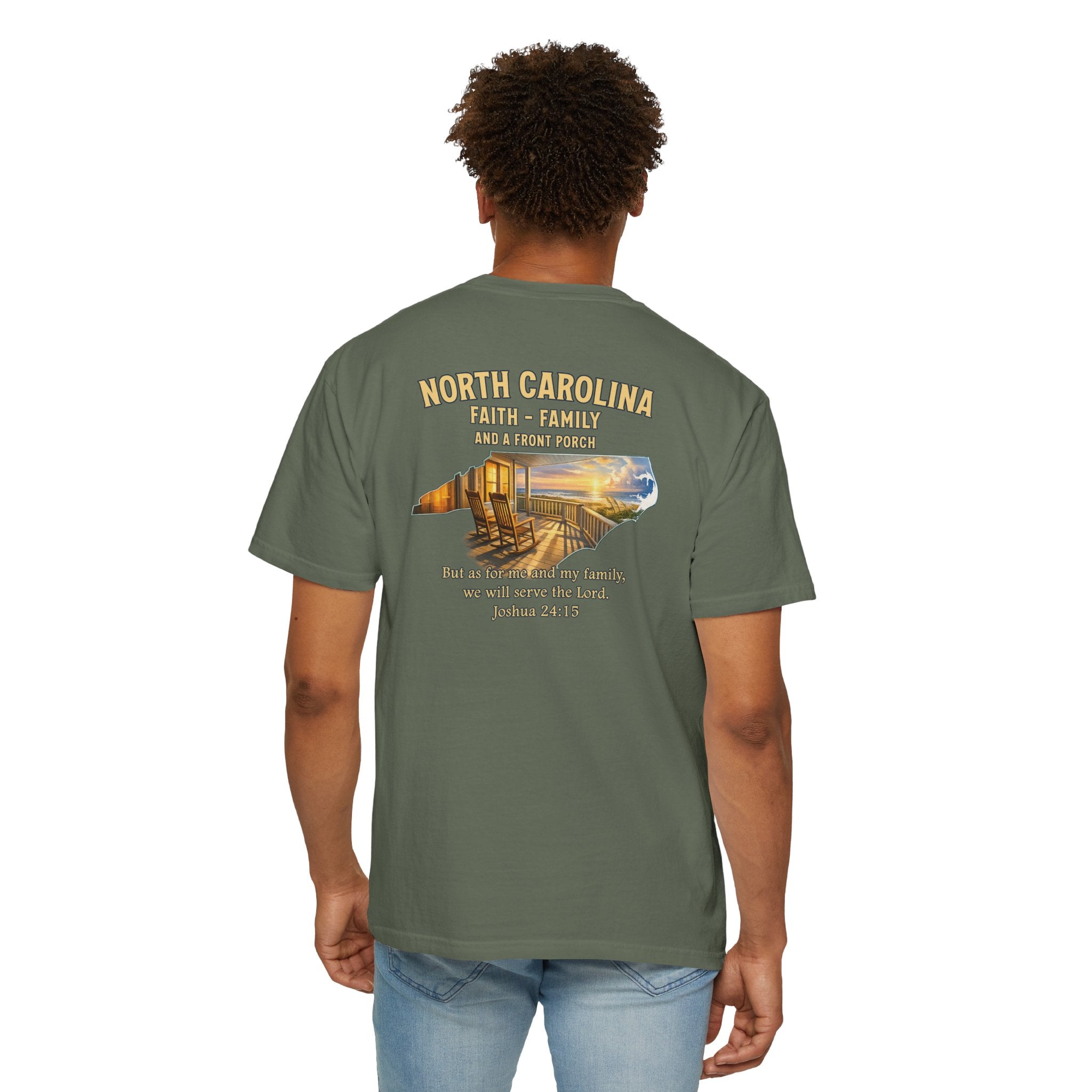 NC-North Carolina Faith Family Front Porch Christian T Shirt, Joshua 24:15 Tee, NC Coastal Faith Shirt, God Bless America Collection