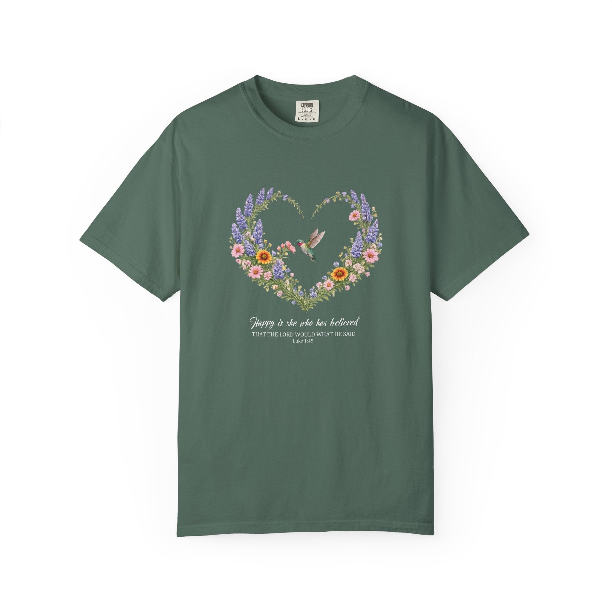 Happy Is She Who Has Believed Floral Tee, Luke 1:45 Shirt, Faith Shirt, Christian Women Gift, Wildflower Heart, Redeemed Faith Apparel
