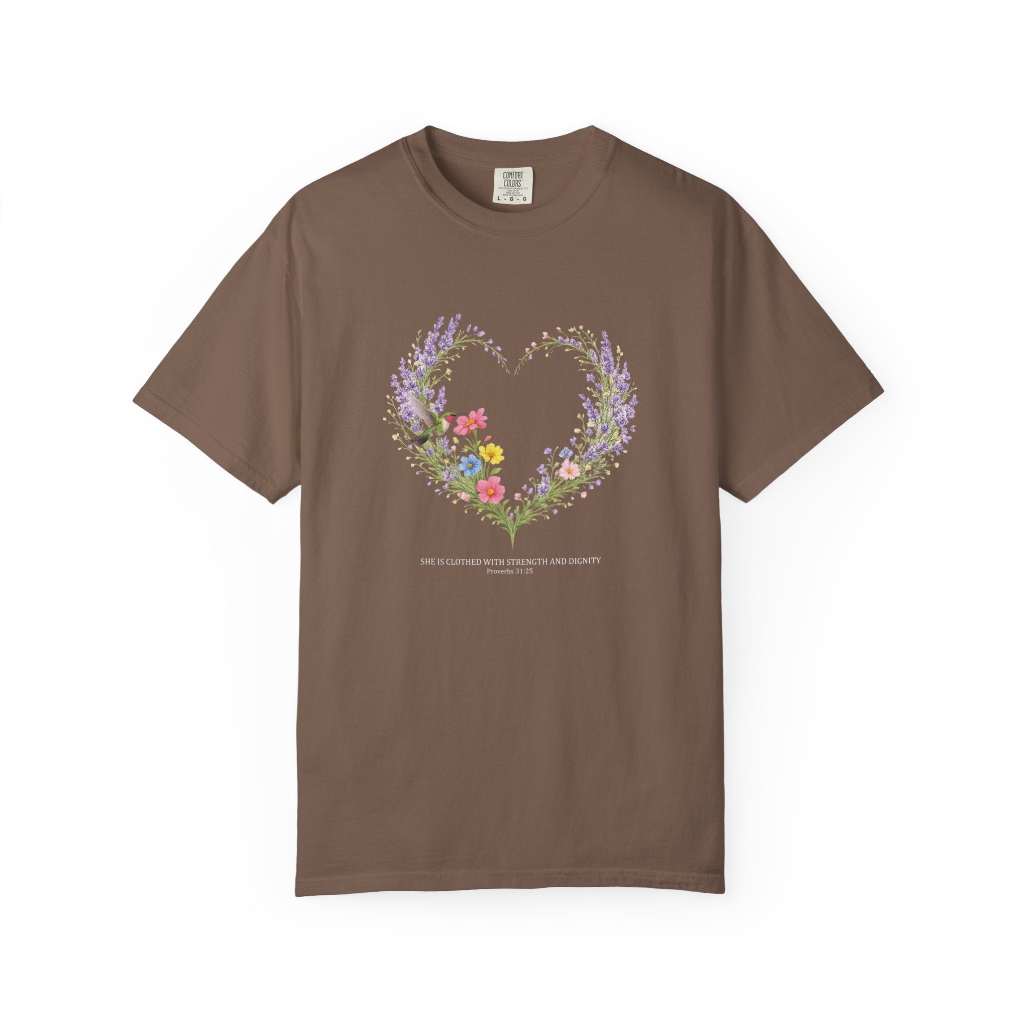 She Is Clothed With Strength And Dignity Floral Tee, Proverbs 31:25 Shirt, Christian Women Gift, Wildflower Heart, Redeemed Faith Apparel