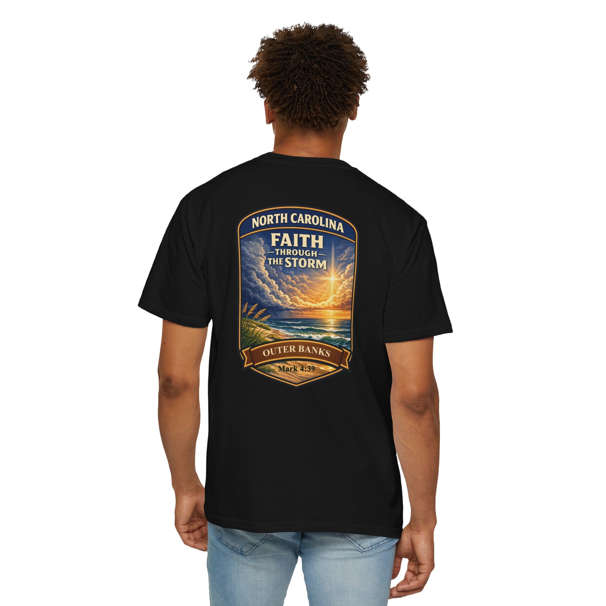NC-North Carolina Outer Banks Faith Through the Storm Christian T Shirt, Mark 4:39 Tee, Coastal Faith Shirt, God Bless America Collection