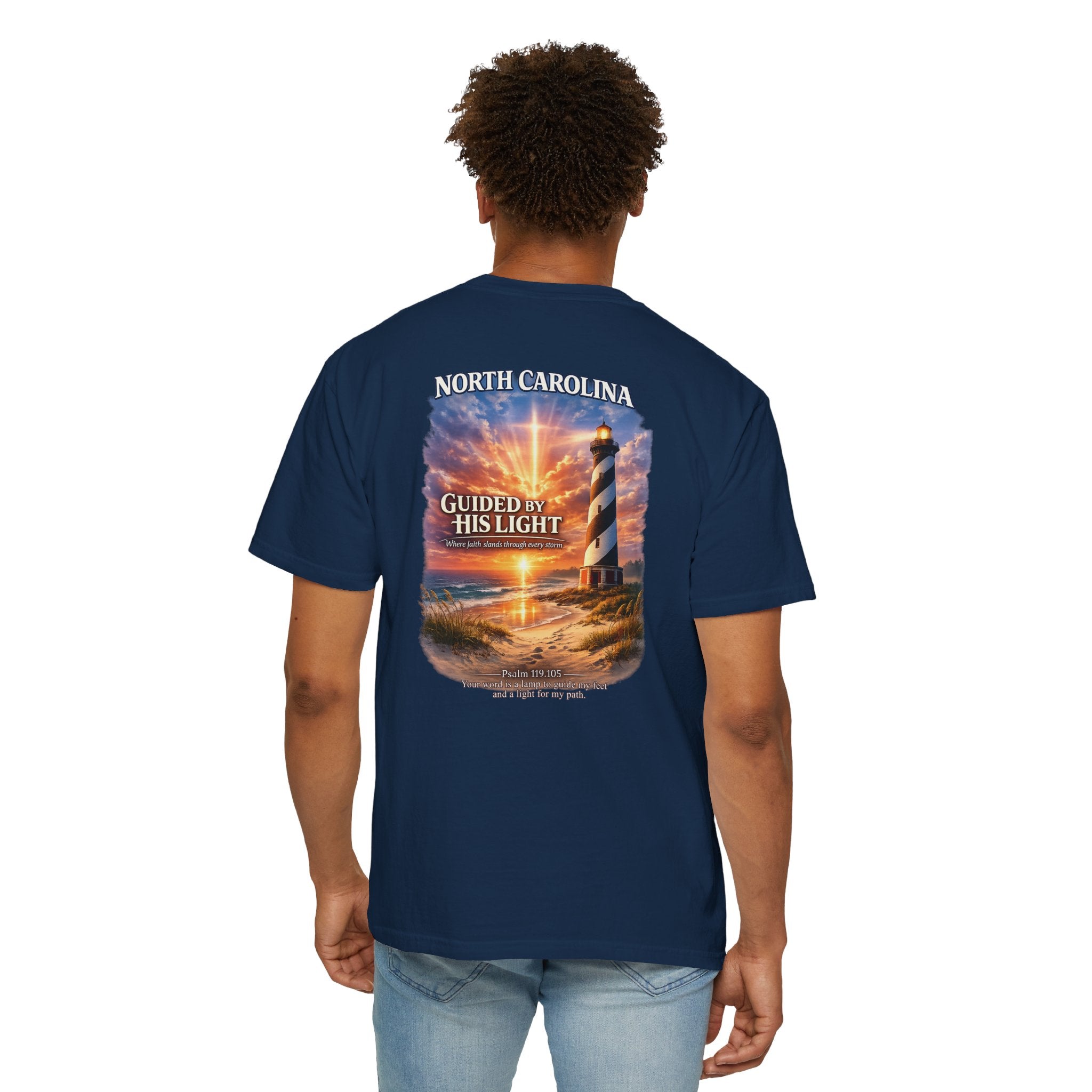 NC-North Carolina Guided by His Light Christian T Shirt, Lighthouse Faith Tee, Psalm 119:105 Shirt, God Bless America Collection