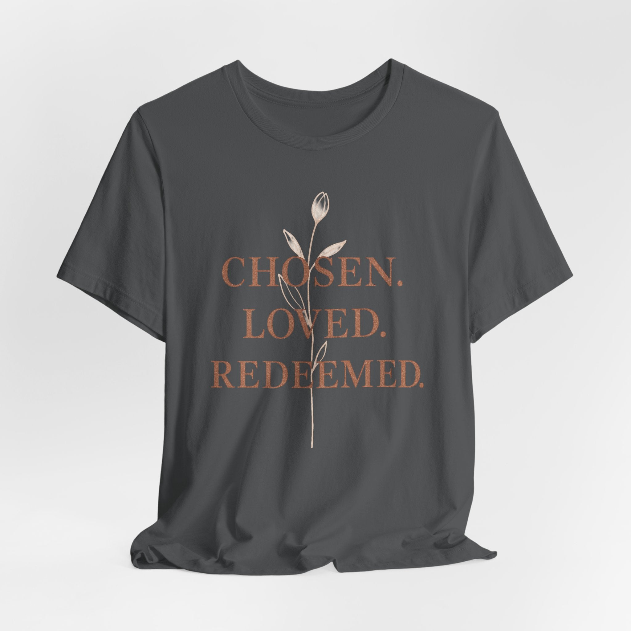 Chosen. Loved. Redeemed. Womens Christian T-Shirt - Faith Inspiration Tee, Minimalist Bible Verse Apparel, Redeemed Faith Apparel