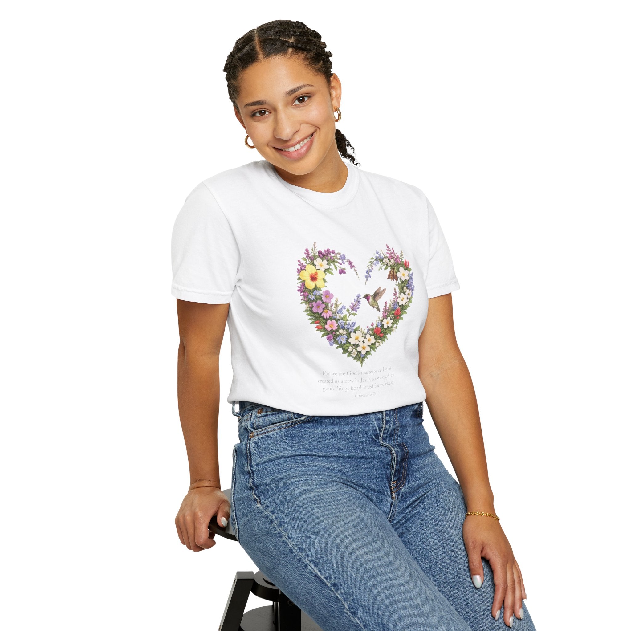 Gods Masterpiece Floral Heart T-shirt, Ephesians 2:10 Christian Shirt, Christian Women Gift, Wildflower Heart, Redeemed Faith Apparel