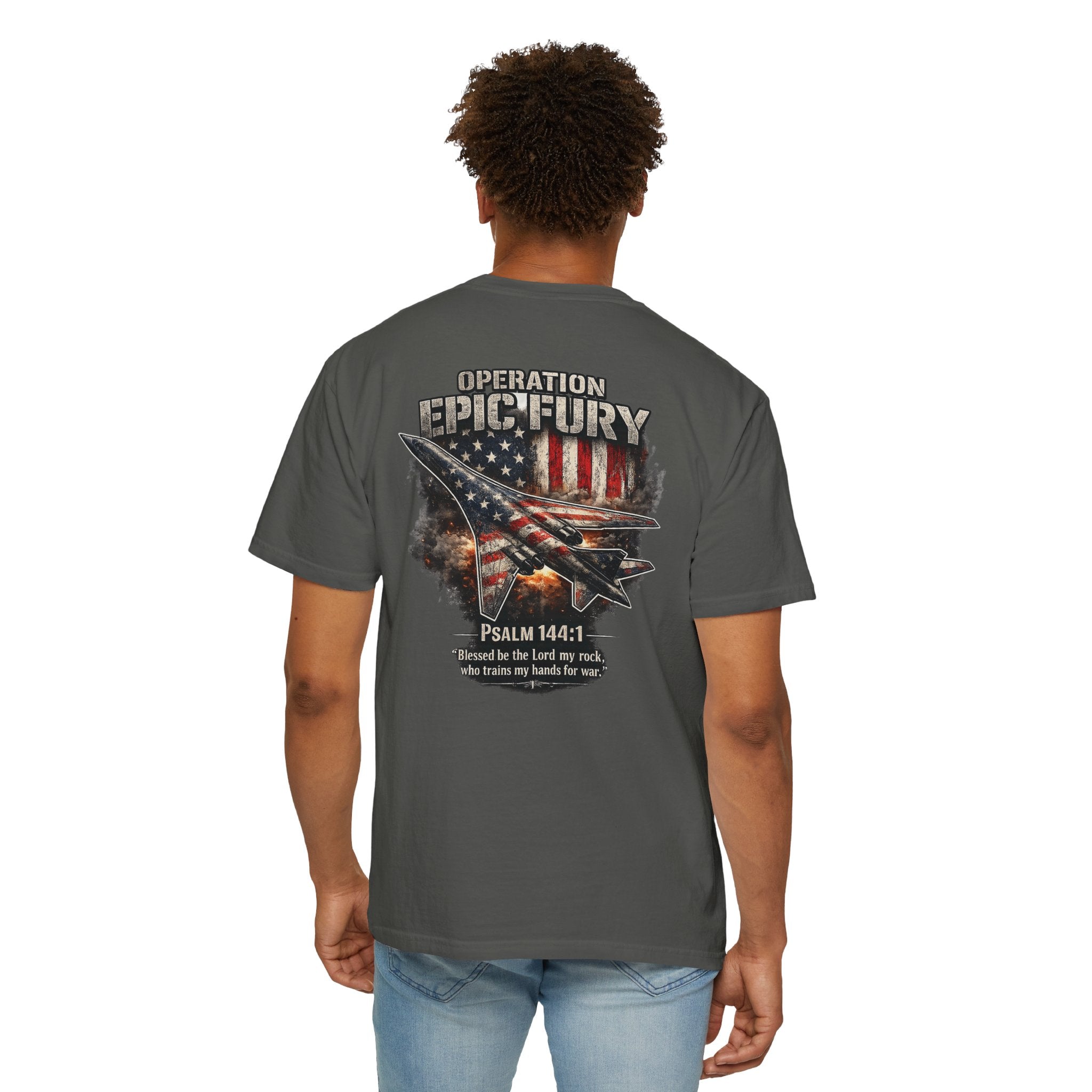 Operation Epic Fury Christian Shirt, Psalm 144:1 Bible Verse Tee, American B1 Bomber Shirt, Faith and Freedom Shirt, Redeemed Faith Apparel