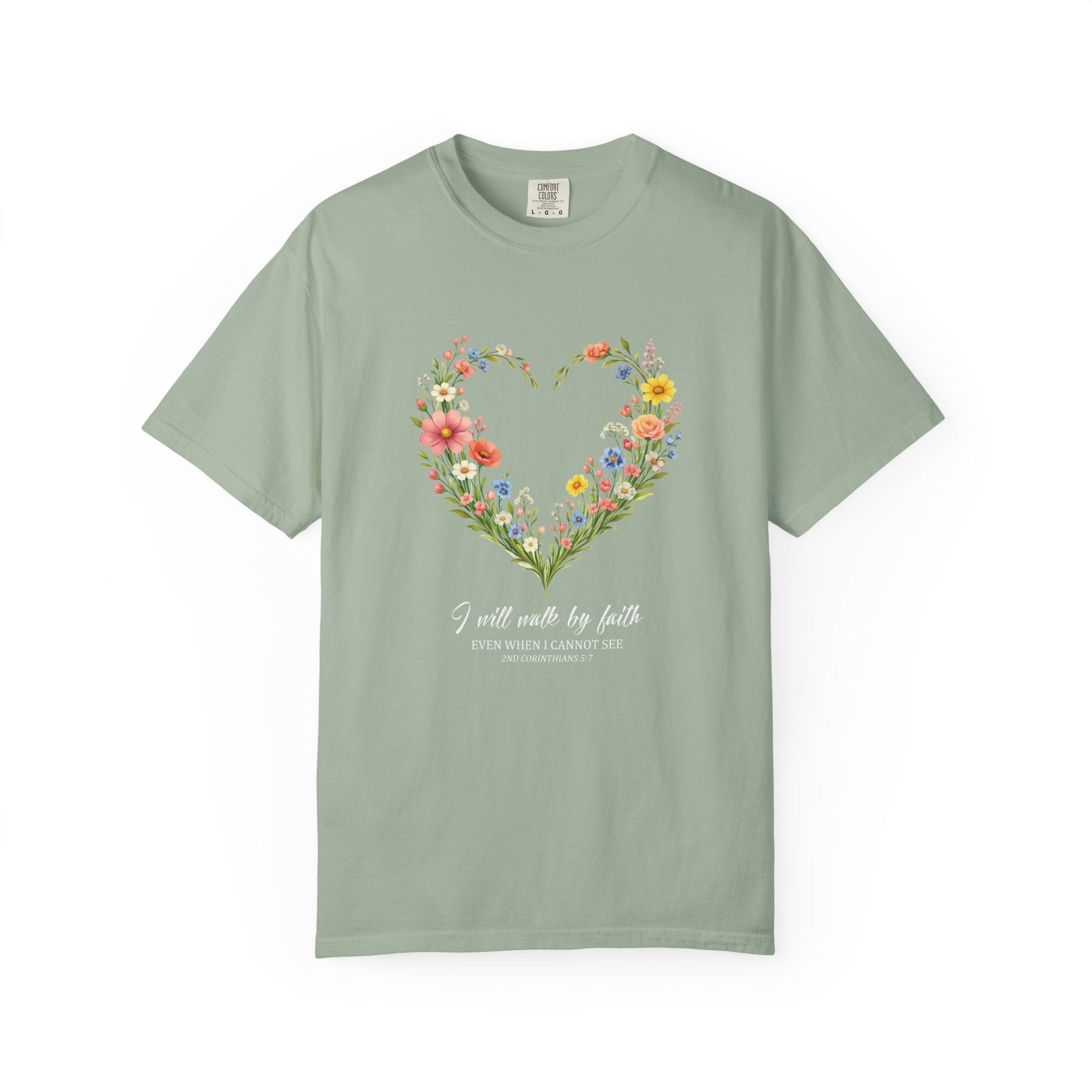 I Will Walk By Faith Floral T Shirt, 2 Corinthians 5:7 Christian Shirt, Christian Women Gift, Wildflower Heart tee, Redeemed Faith Apparel