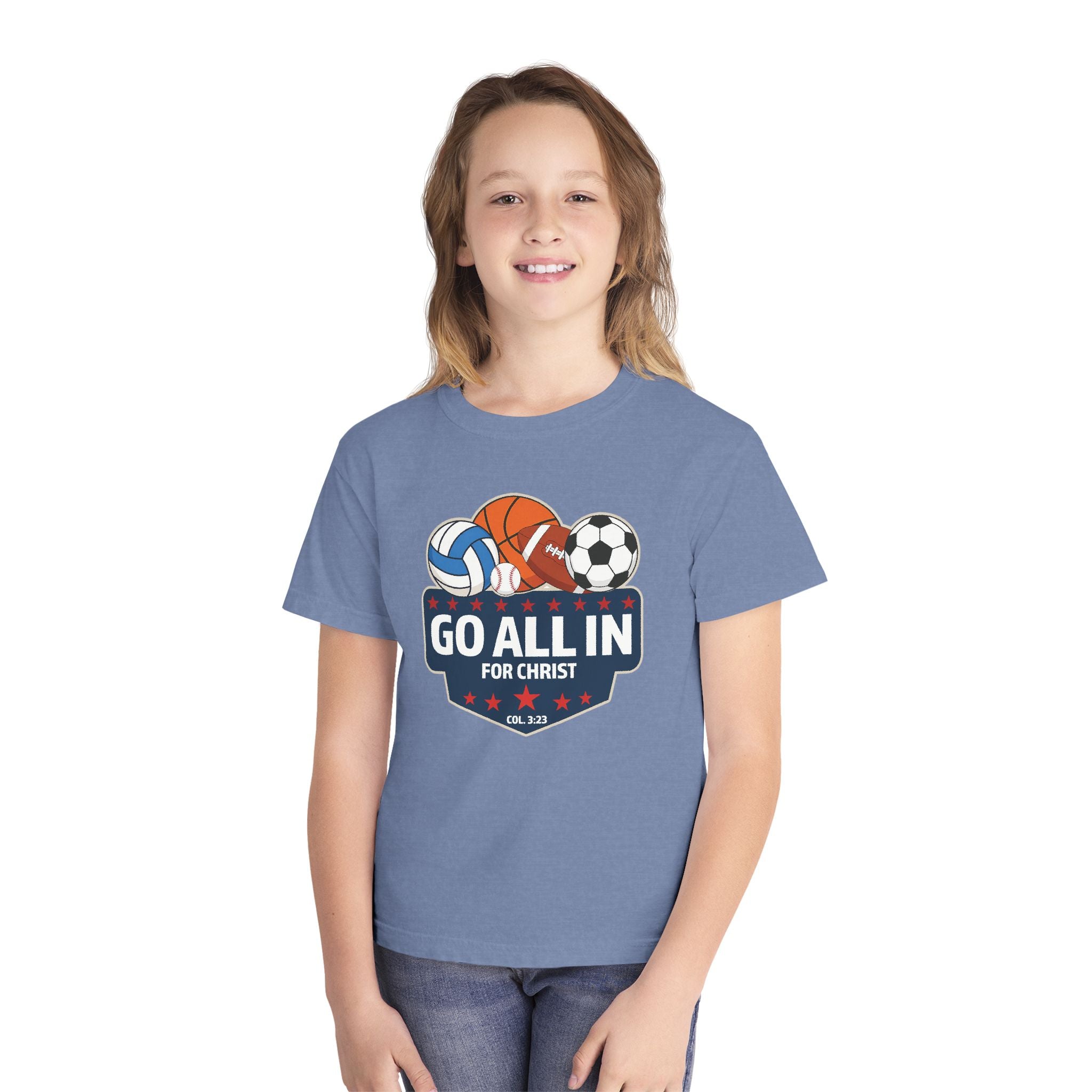 Go All In for Christ Youth T-Shirt, Christian Sports Shirt, Colossians 3:23 Shirt, Youth Athlete Shirt, Faith Sports Tee, Unisex Faith Shirt
