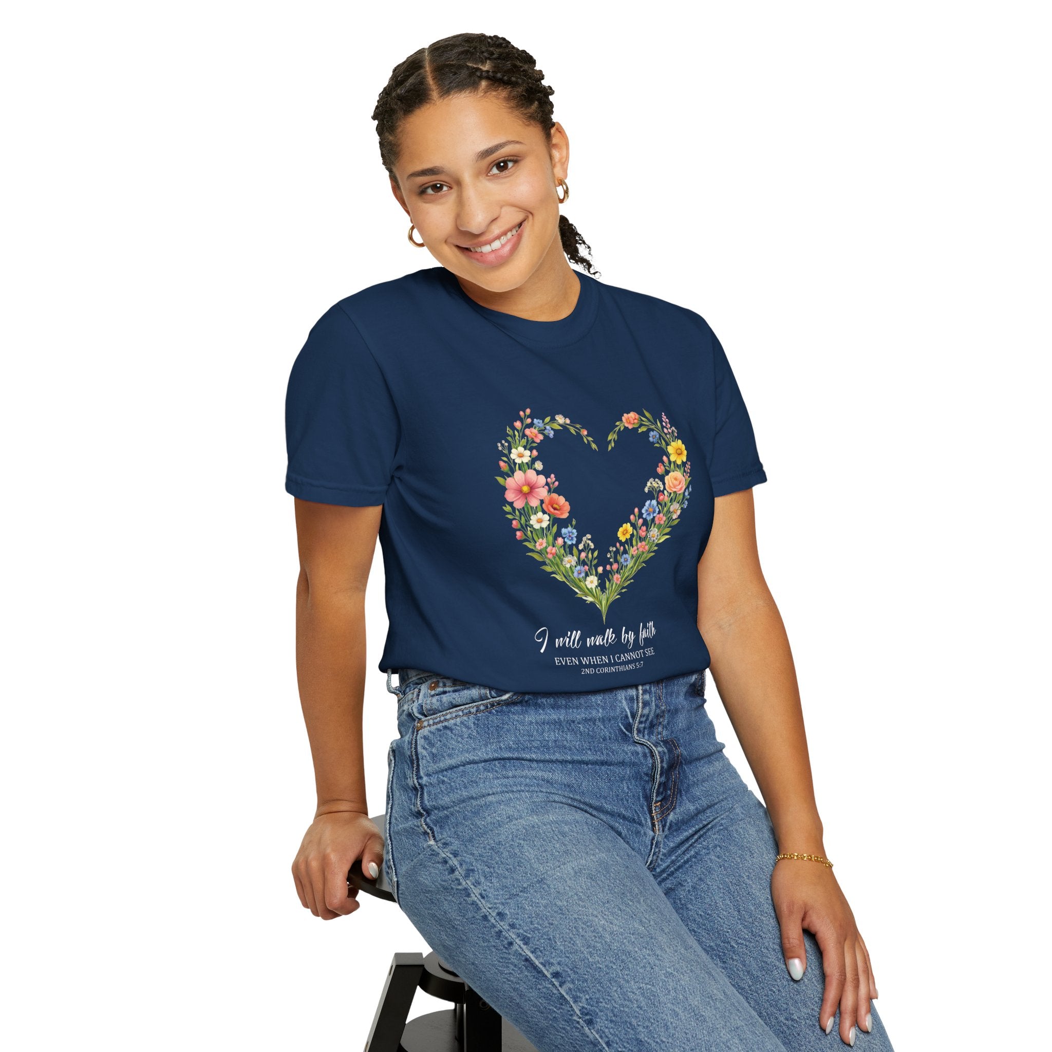 I Will Walk By Faith Floral T Shirt, 2 Corinthians 5:7 Christian Shirt, Christian Women Gift, Wildflower Heart tee, Redeemed Faith Apparel