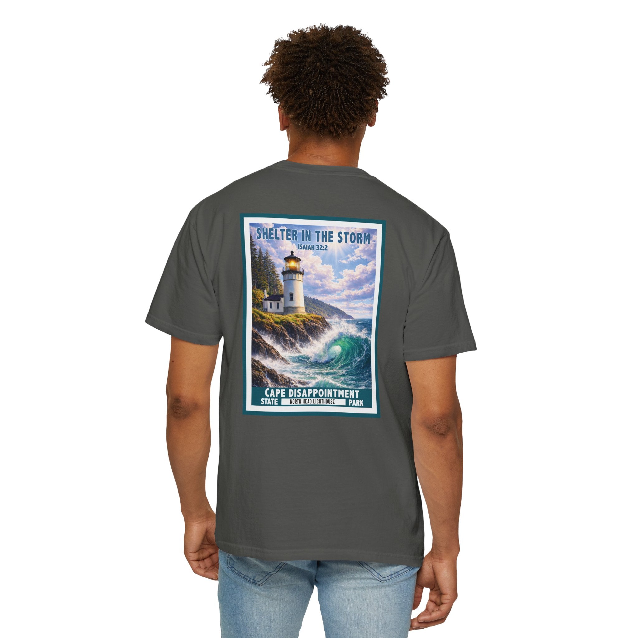 WA-Shelter in the Storm Shirt, Isaiah 32:2, Cape Disappointment, North Head Lighthouse, Christian Faith Tee, God Bless America Collection