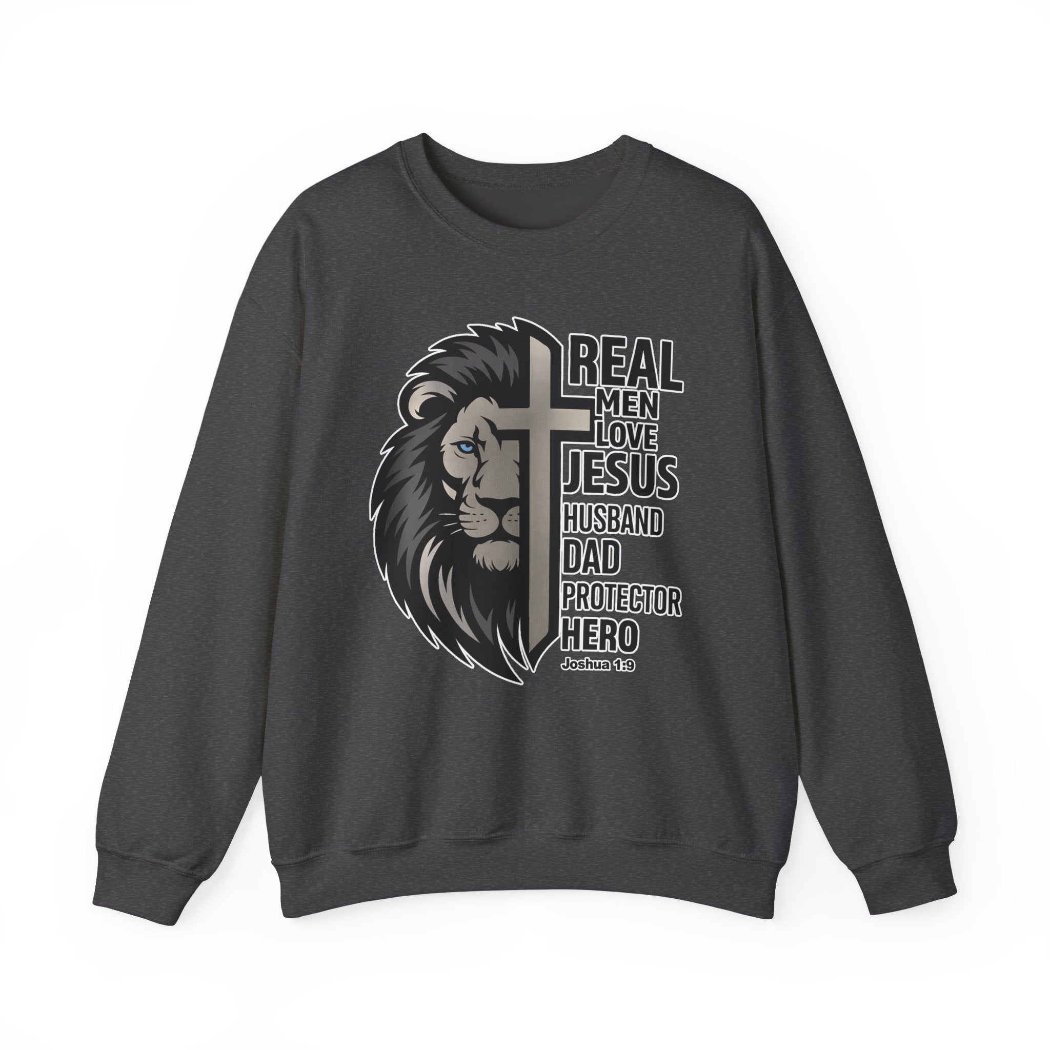 Real Men Love Jesus Lion Christian Crewneck Sweatshirt, Husband Dad Protector Hero Faith Pullover, Christian Sweater, Redeemed Faith Apparel