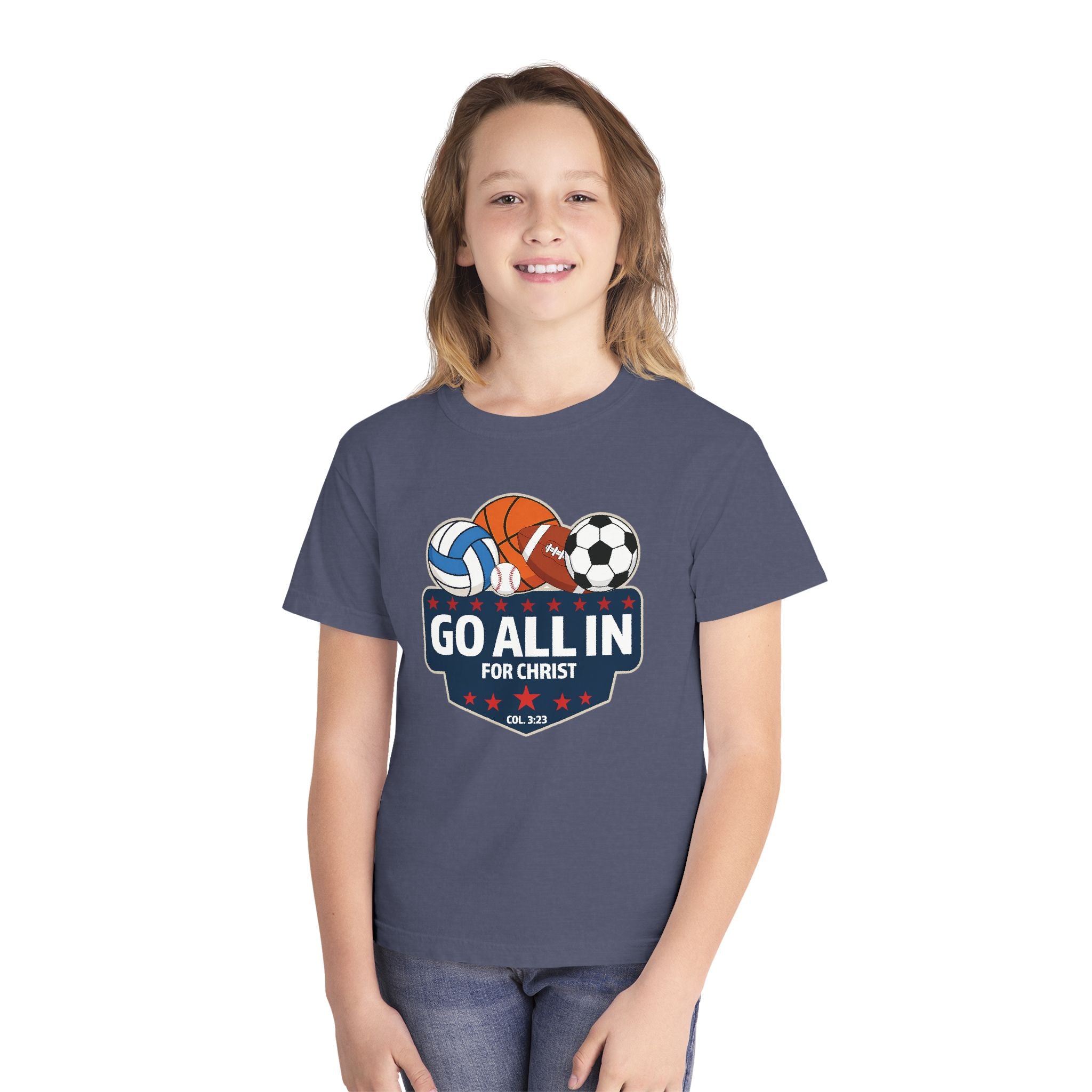 Go All In for Christ Youth T-Shirt, Christian Sports Shirt, Colossians 3:23 Shirt, Youth Athlete Shirt, Faith Sports Tee, Unisex Faith Shirt