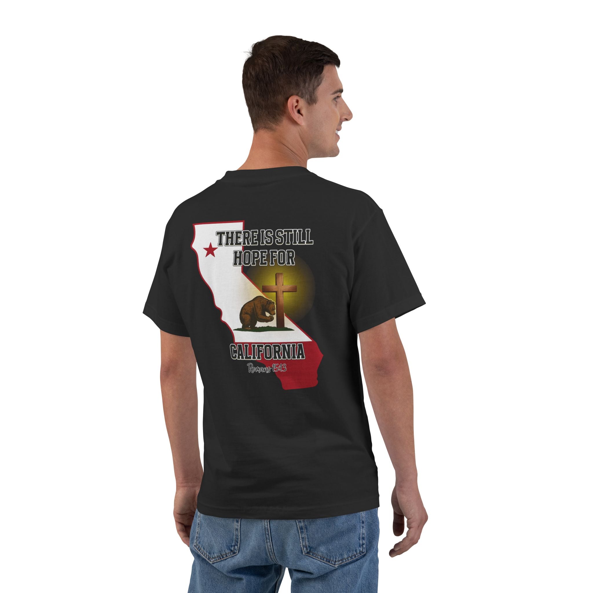 CA-There Is Still Hope for California, Christian Shirt, Romans 1513, Bear and Cross, Redeemed Faith Apparel, God Bless America Collection