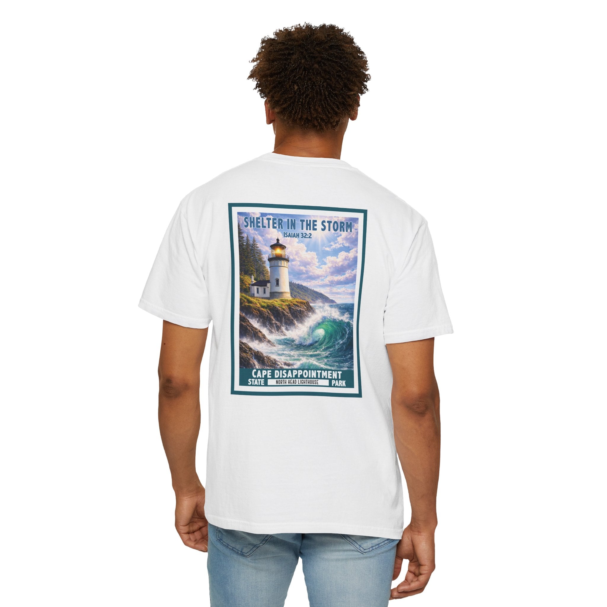 WA-Shelter in the Storm Shirt, Isaiah 32:2, Cape Disappointment, North Head Lighthouse, Christian Faith Tee, God Bless America Collection