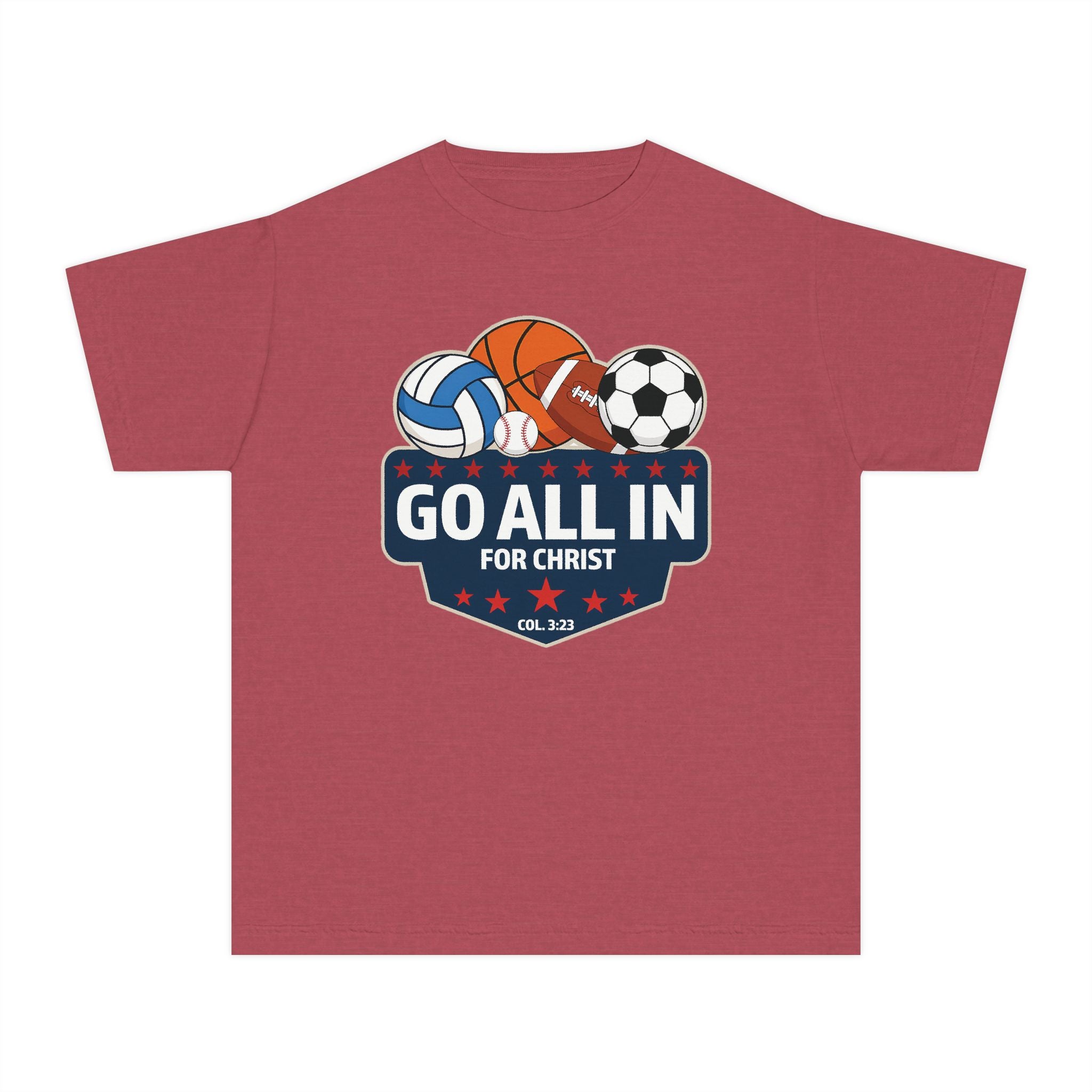 Go All In for Christ Youth T-Shirt, Christian Sports Shirt, Colossians 3:23 Shirt, Youth Athlete Shirt, Faith Sports Tee, Unisex Faith Shirt