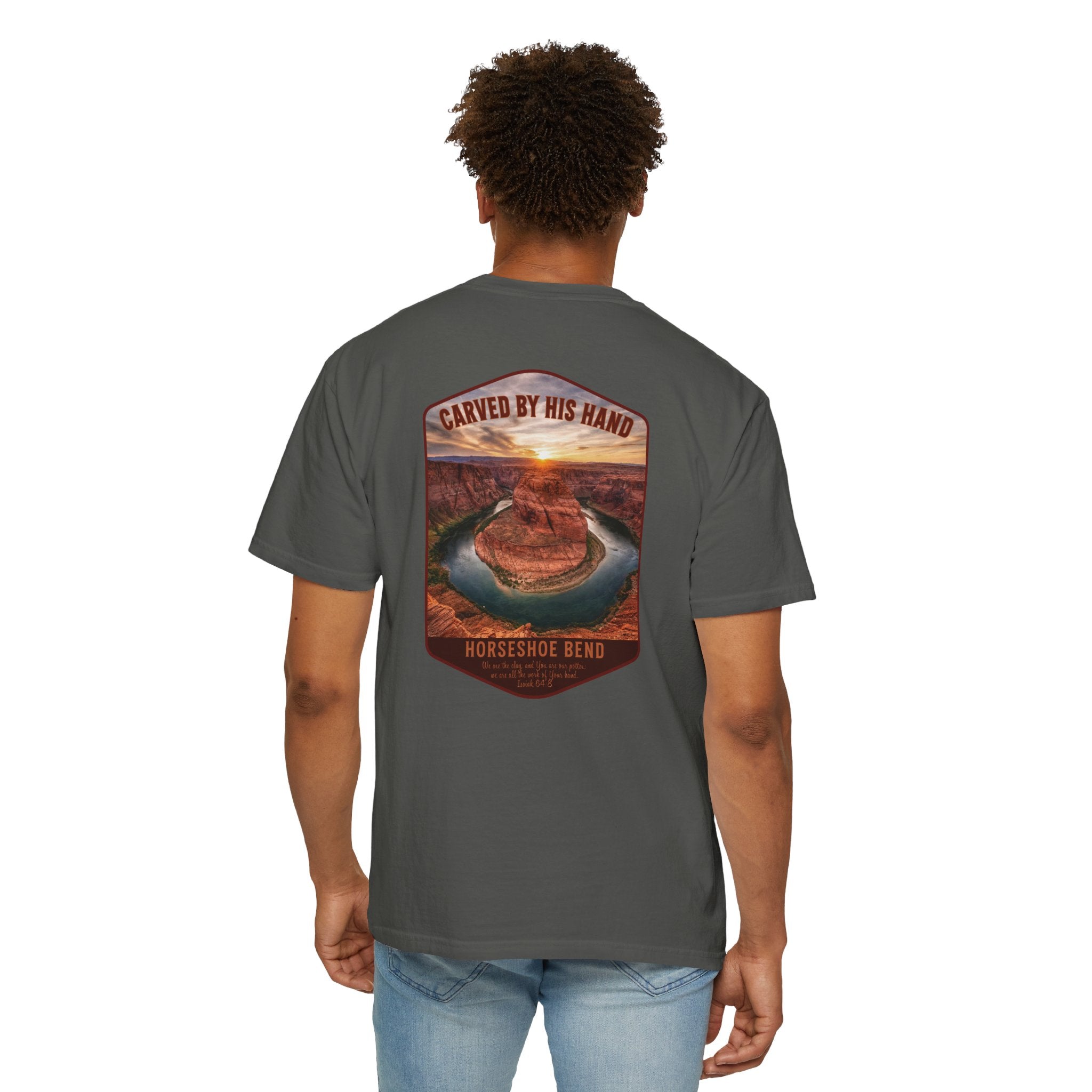 AZ-Horseshoe Bend Christian T Shirt, Carved by His Hand Tee, Arizona Faith Shirt, Isaiah 64 Bible Verse Shirt, God Bless America Collection