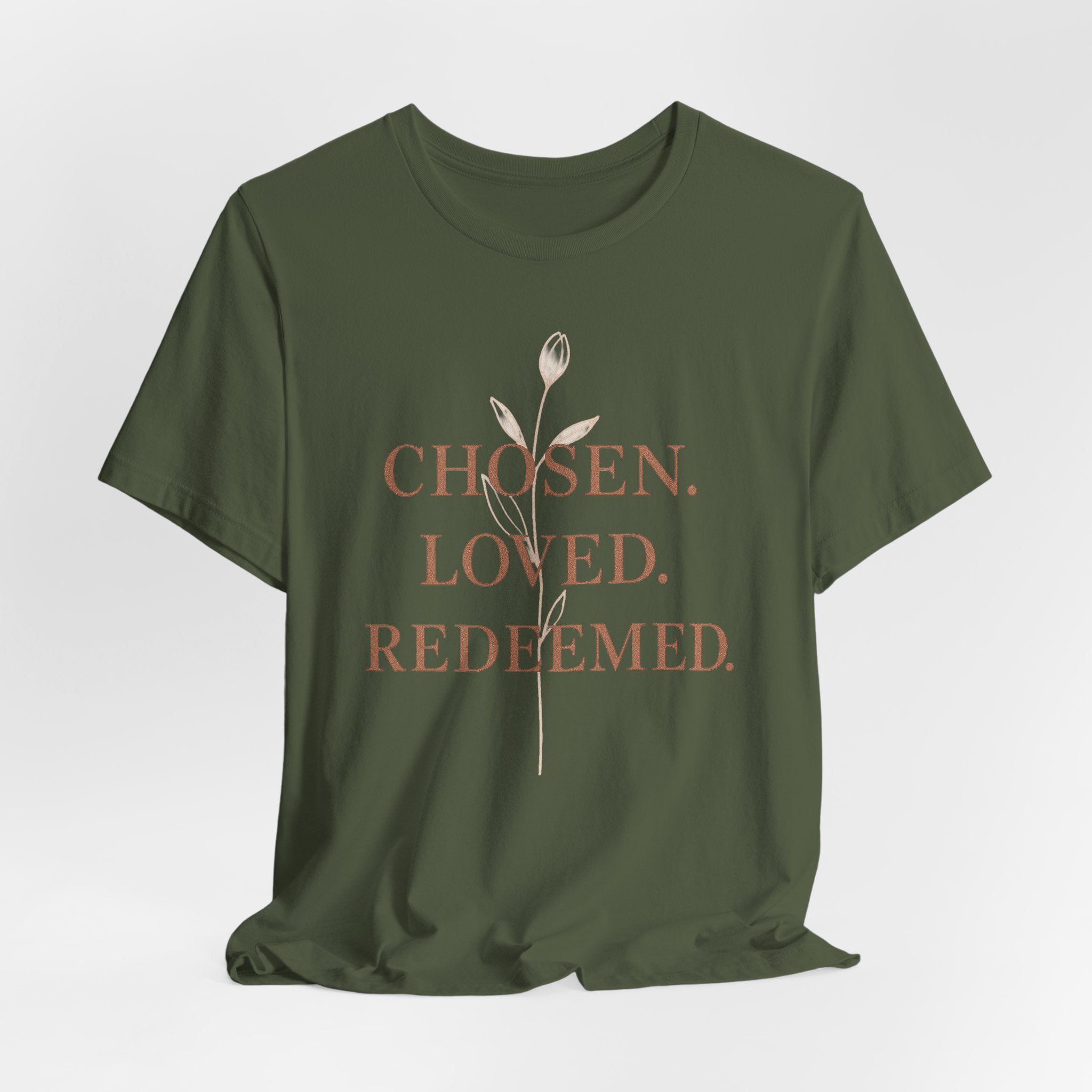 Chosen. Loved. Redeemed. Womens Christian T-Shirt - Faith Inspiration Tee, Minimalist Bible Verse Apparel, Redeemed Faith Apparel