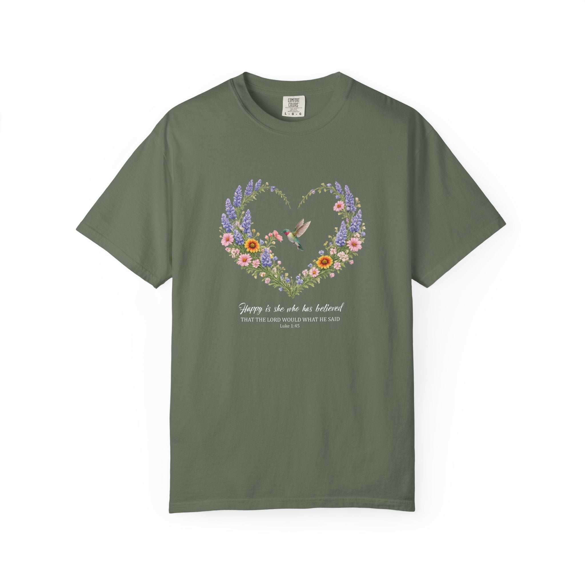 Happy Is She Who Has Believed Floral Tee, Luke 1:45 Shirt, Faith Shirt, Christian Women Gift, Wildflower Heart, Redeemed Faith Apparel
