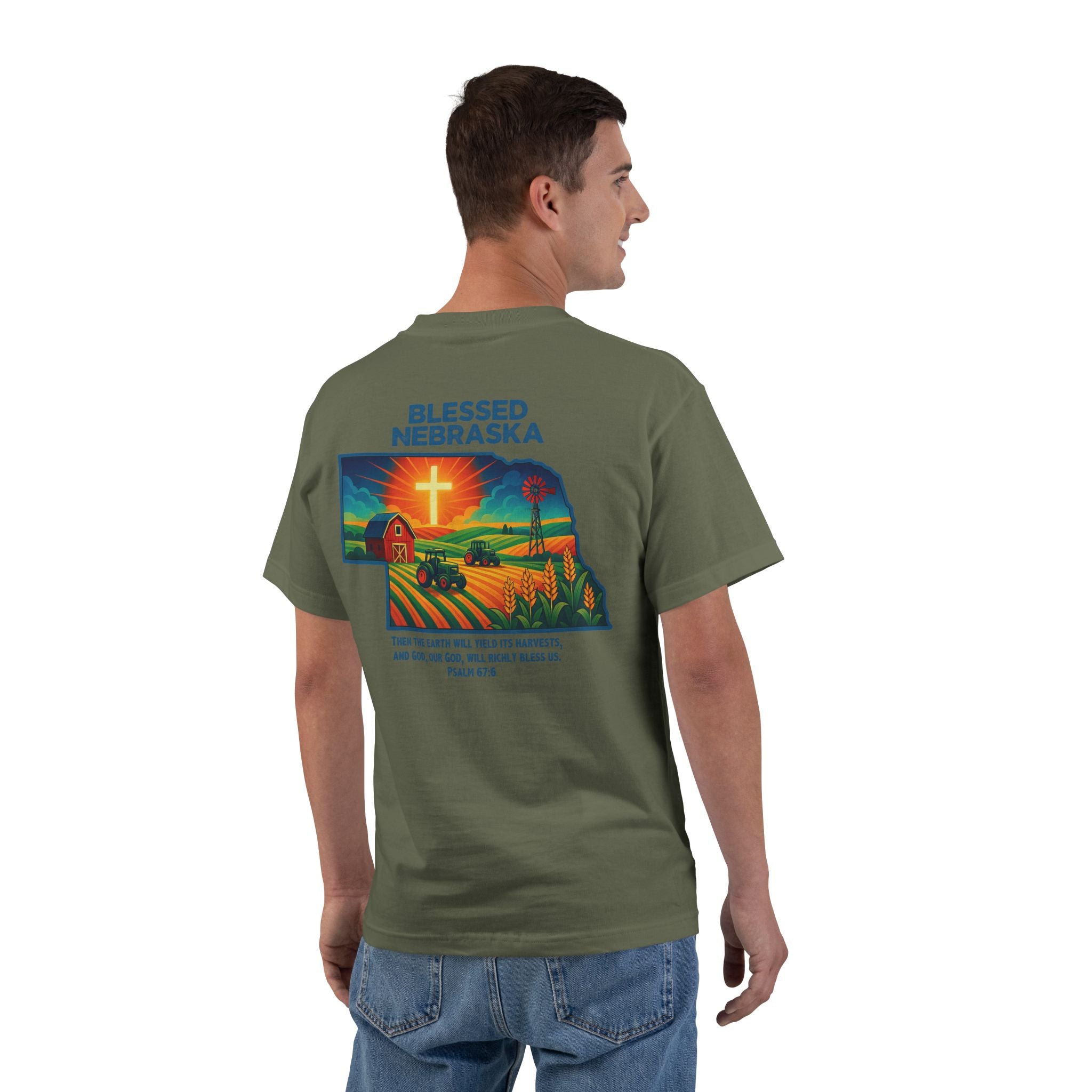 NB-Blessed Nebraska Christian Shirt, Psalm 67:6 Tee, Farm Cross Tractor Sunset T-shirt, Faith Midwest Apparel, God Bless America Collection