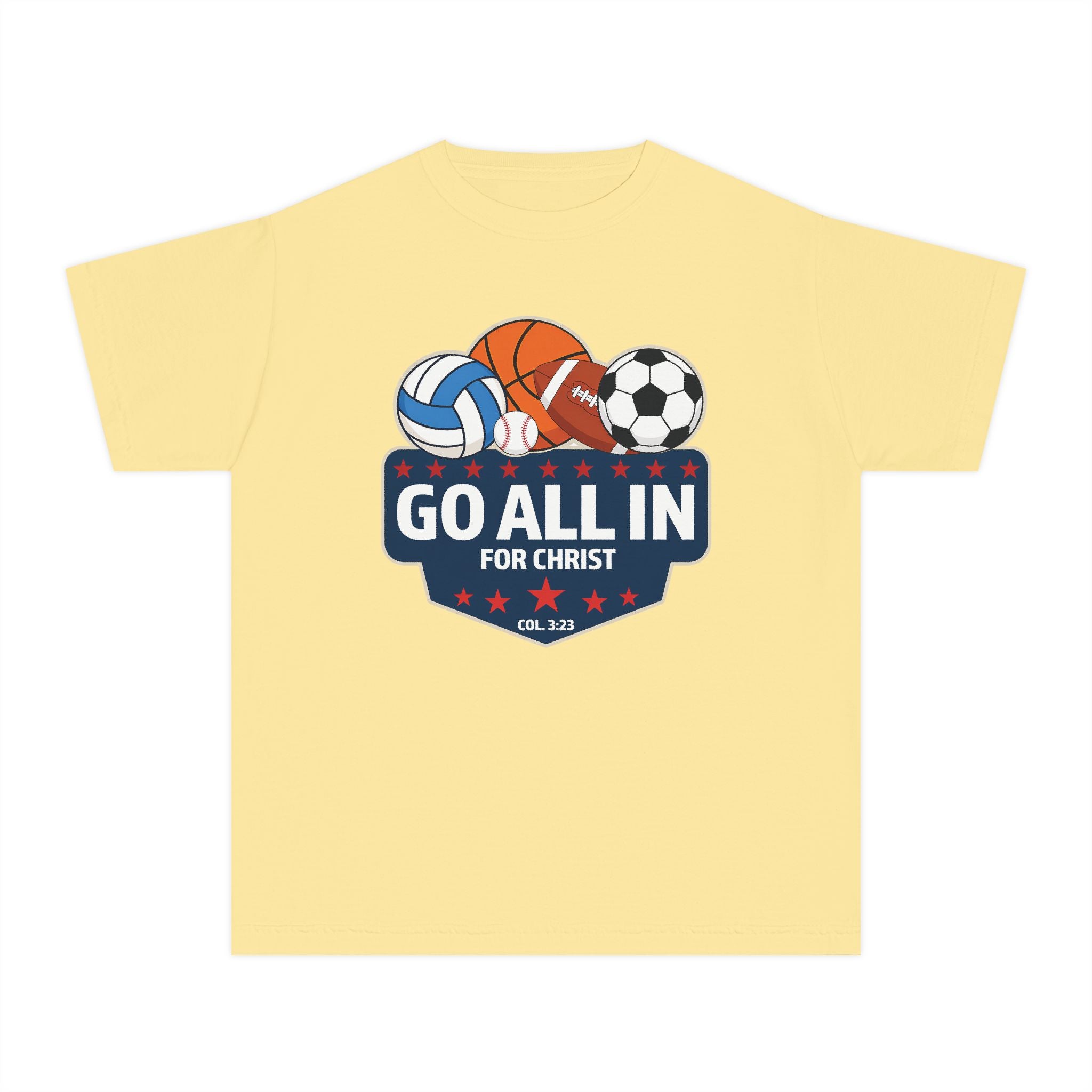 Go All In for Christ Youth T-Shirt, Christian Sports Shirt, Colossians 3:23 Shirt, Youth Athlete Shirt, Faith Sports Tee, Unisex Faith Shirt