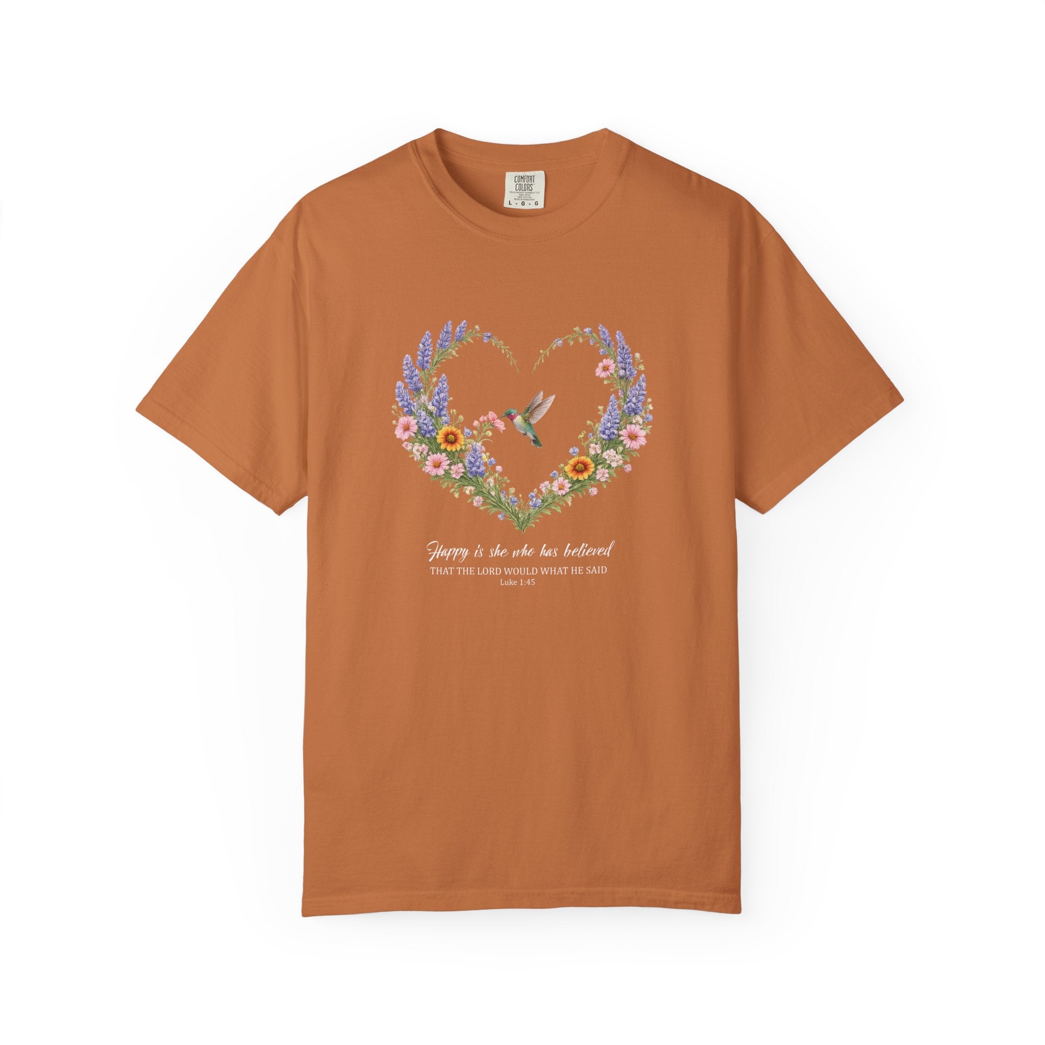 Happy Is She Who Has Believed Floral Tee, Luke 1:45 Shirt, Faith Shirt, Christian Women Gift, Wildflower Heart, Redeemed Faith Apparel