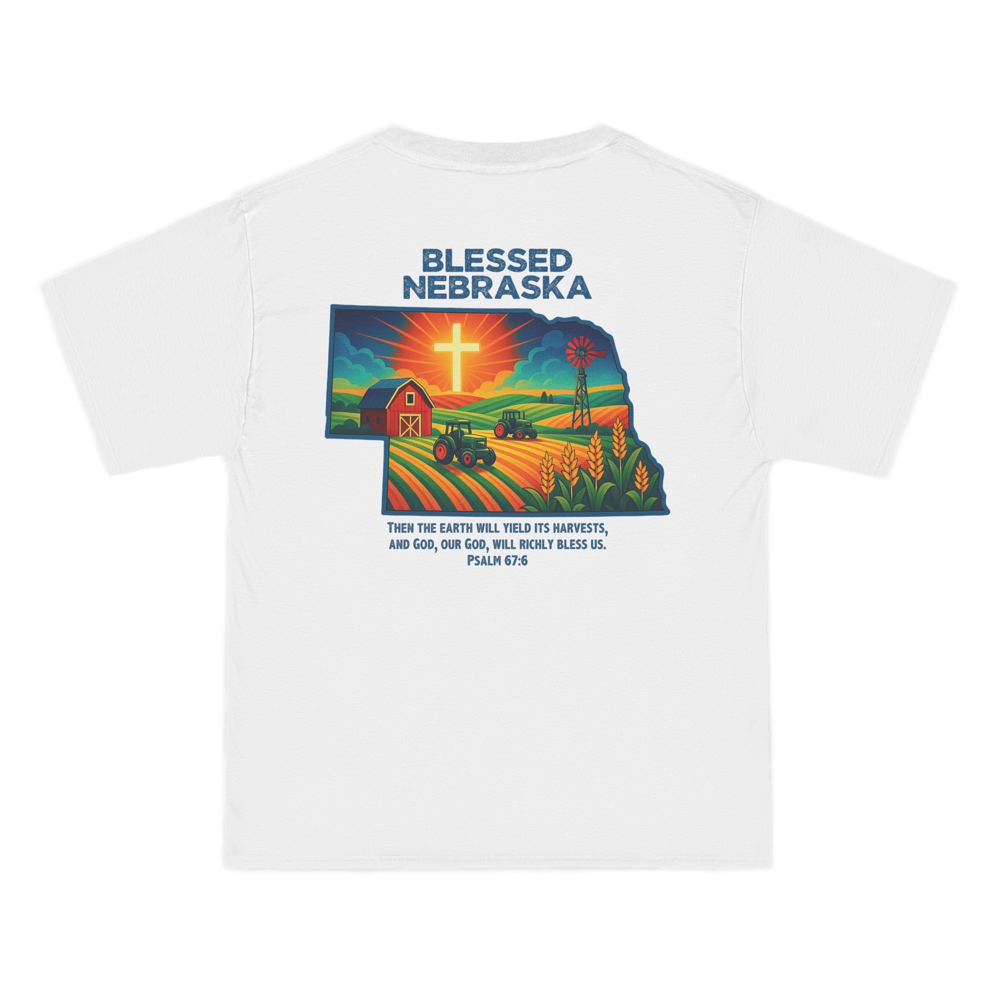 NB-Blessed Nebraska Christian Shirt, Psalm 67:6 Tee, Farm Cross Tractor Sunset T-shirt, Faith Midwest Apparel, God Bless America Collection