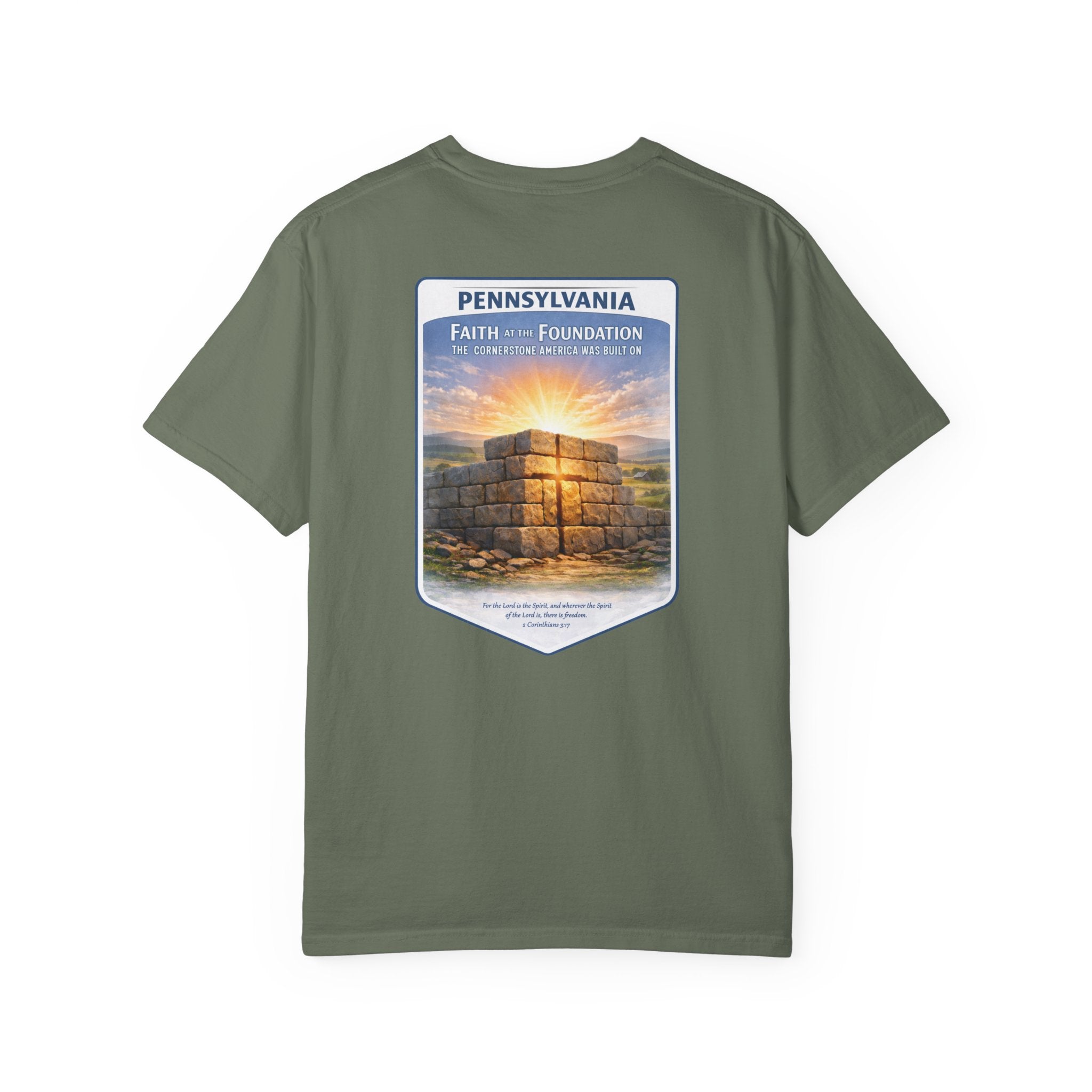 PA-Pennsylvania Faith at the Foundation Christian T Shirt, Cornerstone USA Faith Tee, 2 Corinthians 3:17 Shirt, God Bless America Collection