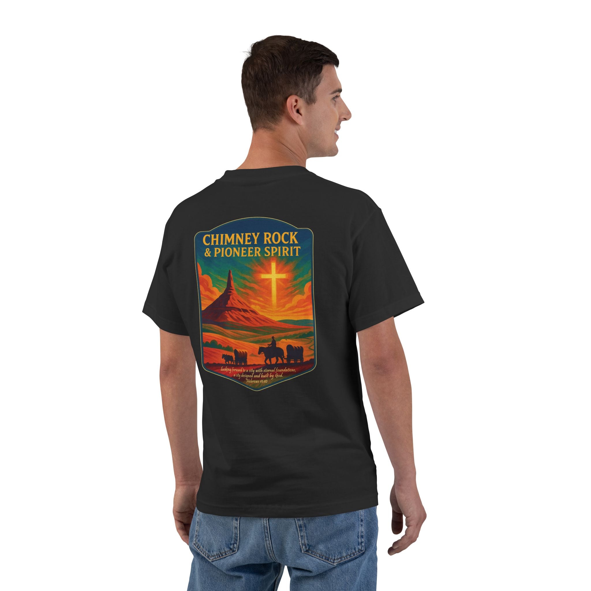 NB-Chimney Rock Pioneer Spirit Shirt, Nebraska Christian Tee, Wagon Trail, Hebrews 11:10, Frontier Apparel, God Bless America Collection