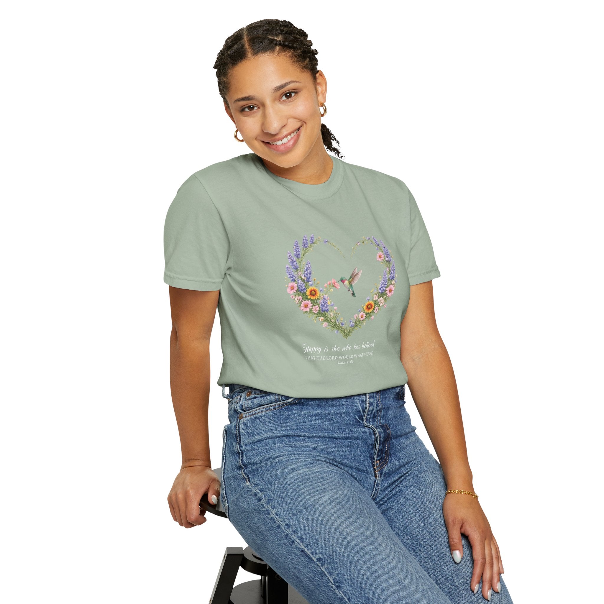 Happy Is She Who Has Believed Floral Tee, Luke 1:45 Shirt, Faith Shirt, Christian Women Gift, Wildflower Heart, Redeemed Faith Apparel